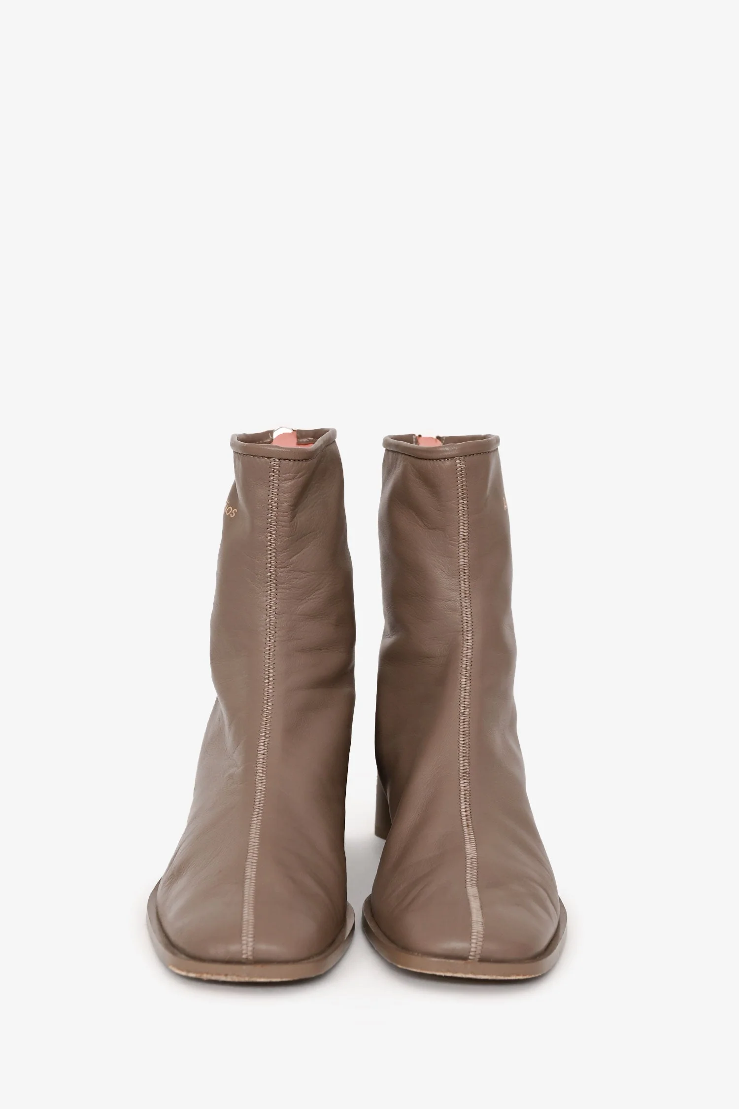 Acne Studios Taupe Logo Leather Square Toe Ankle Boots Size 38 - Image 3