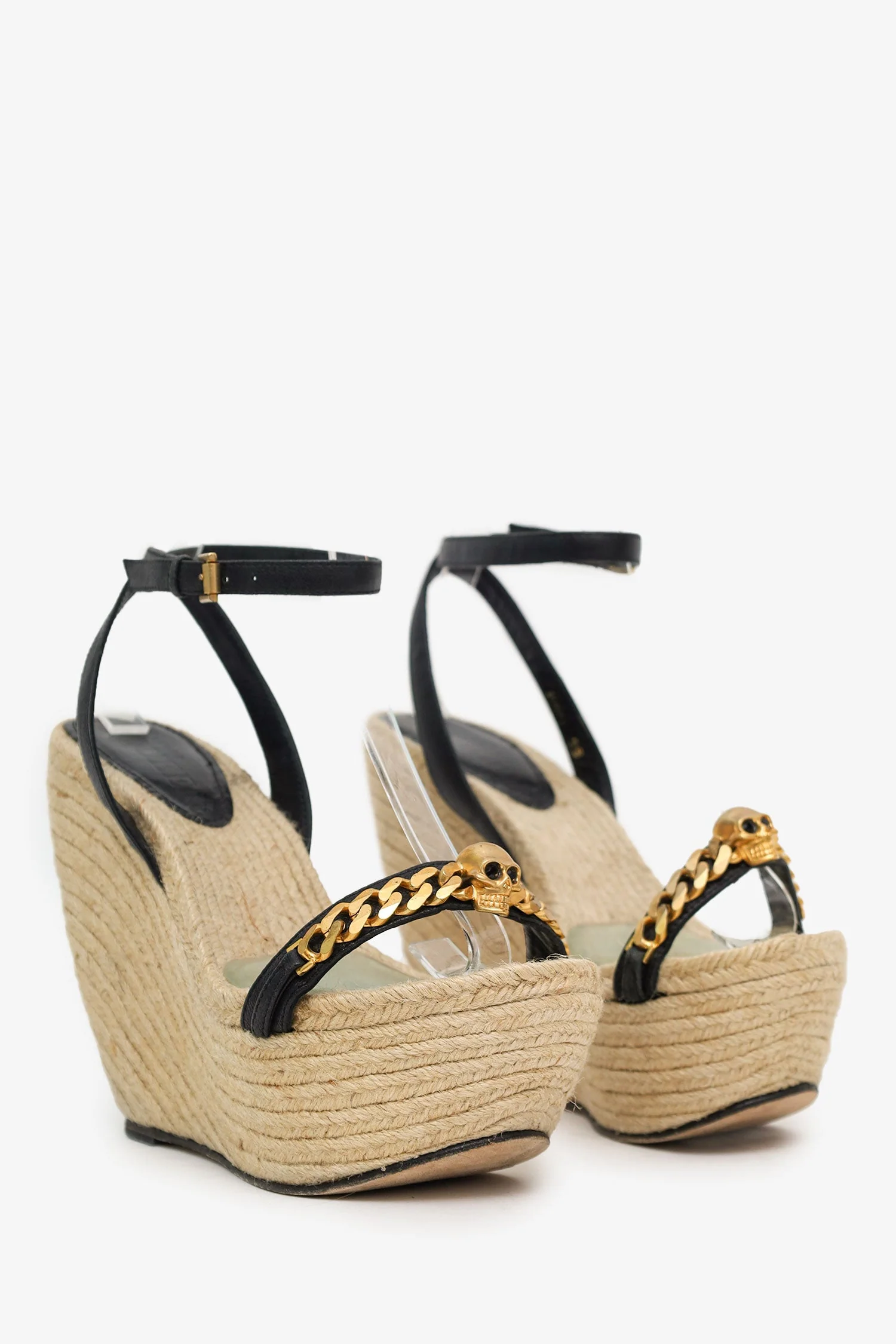 Alexander McQueen Black Leather Chain Skull Ankle Strap Espadrille Wedges Size 38 - Image 2