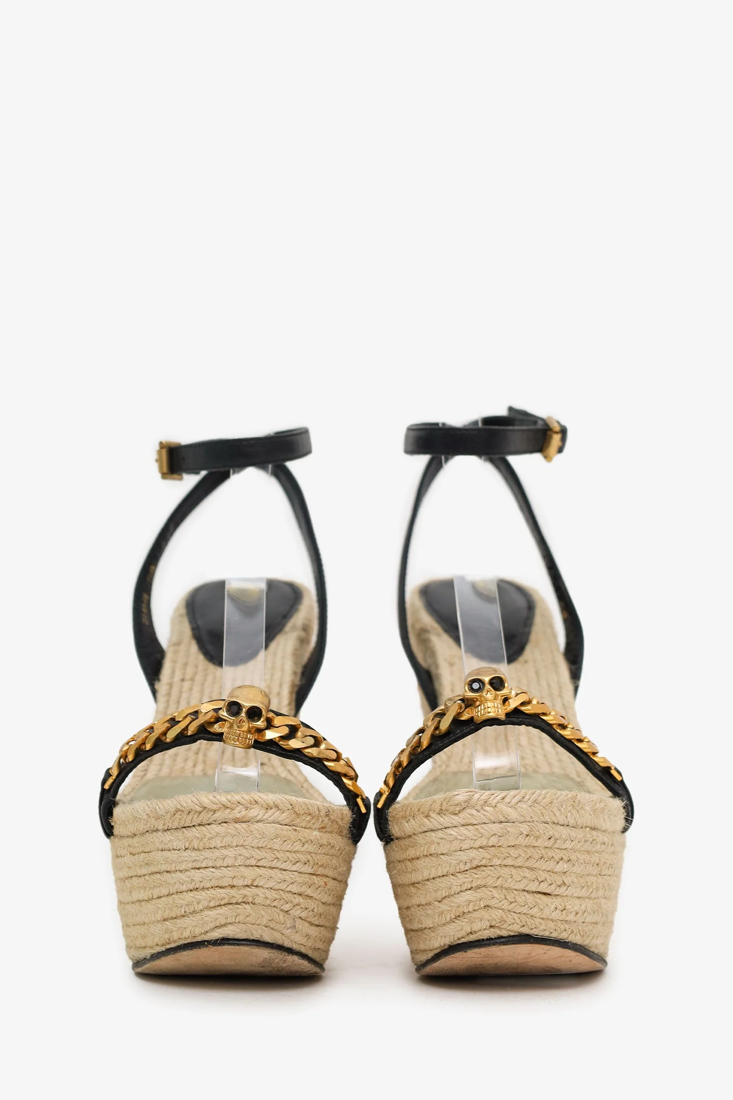 Alexander McQueen Black Leather Chain Skull Ankle Strap Espadrille Wedges Size 38 - Image 3