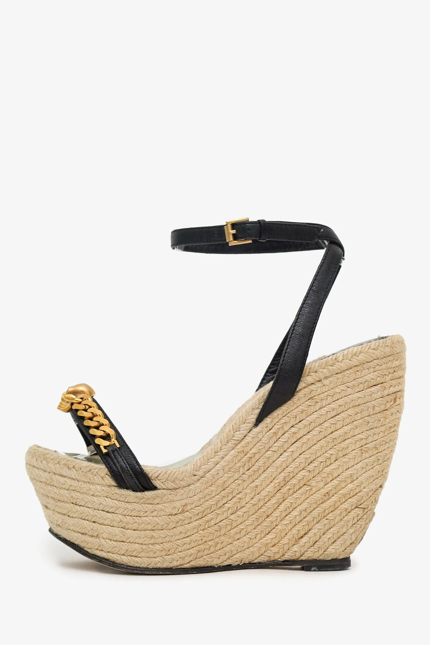 Alexander McQueen Black Leather Chain Skull Ankle Strap Espadrille Wedges Size 38 - Image 5