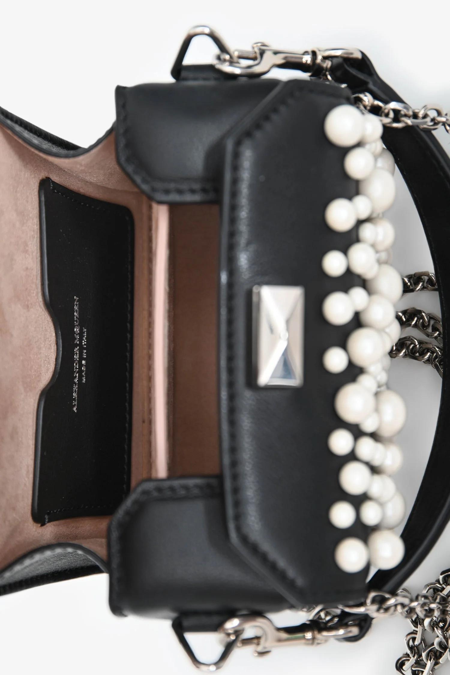 Alexander McQueen Black Leather Faux Pearl Embellished Box Crossbody - Image 6