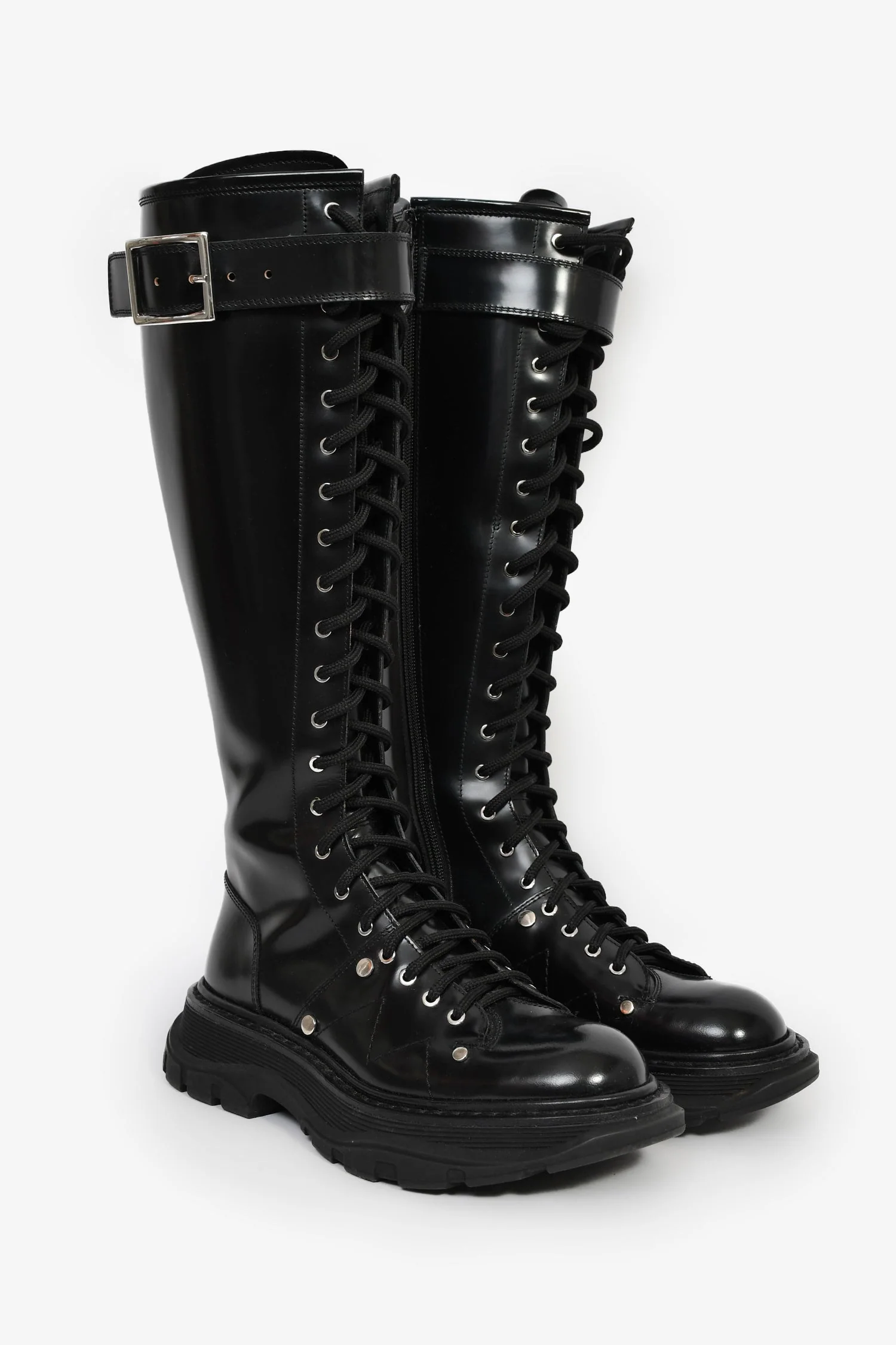 Alexander McQueen Black Leather Lace-Up Knee High Combat Boots Size 37 - Image 2