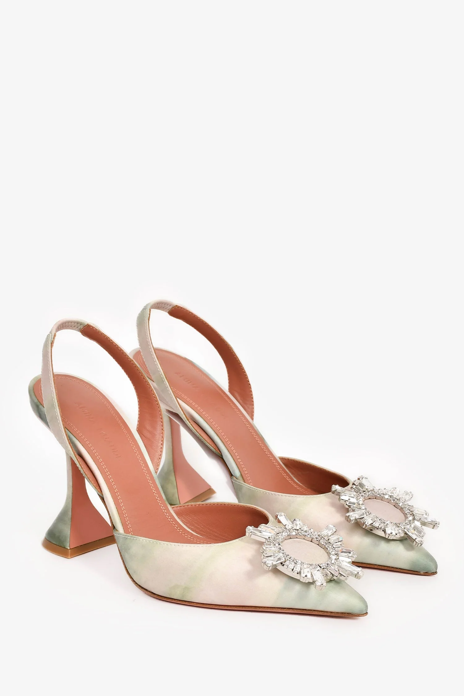 Amina Muaddi 2023 Green/Pink Satin Crystal Embellished Begum Sling Heels Size 35.5 - Image 2