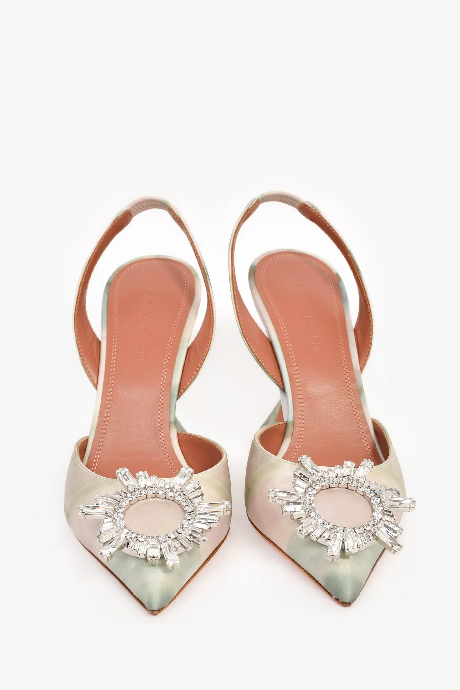 Amina Muaddi 2023 Green/Pink Satin Crystal Embellished Begum Sling Heels Size 35.5 - Image 3