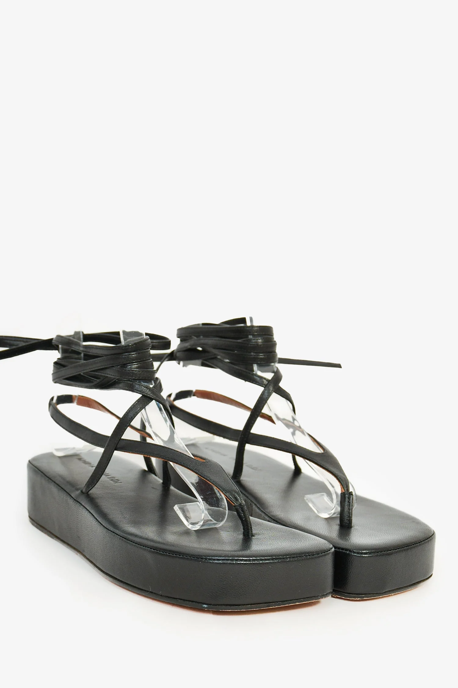 Amina Muaddi Black Leather Strappy Platform Sandals Size 37 - Image 2