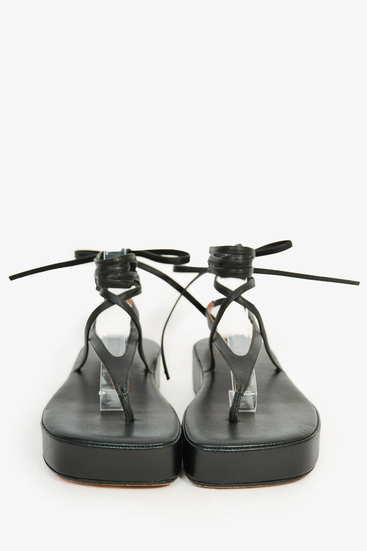 Amina Muaddi Black Leather Strappy Platform Sandals Size 37 - Image 3