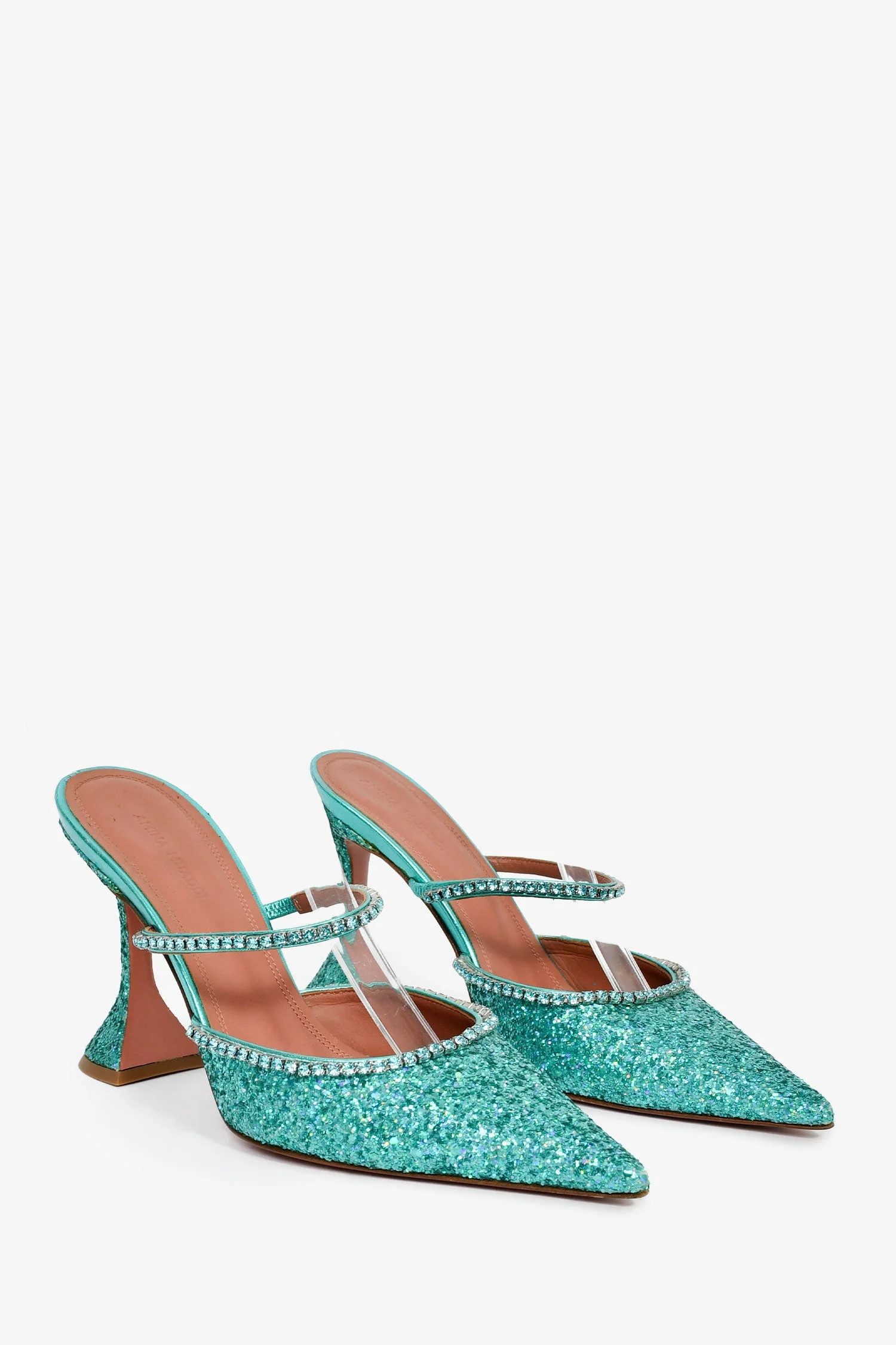 Amina Muaddi Turquoise Gilda 95 Mules Glitter Heels Size 38.5 - Image 2