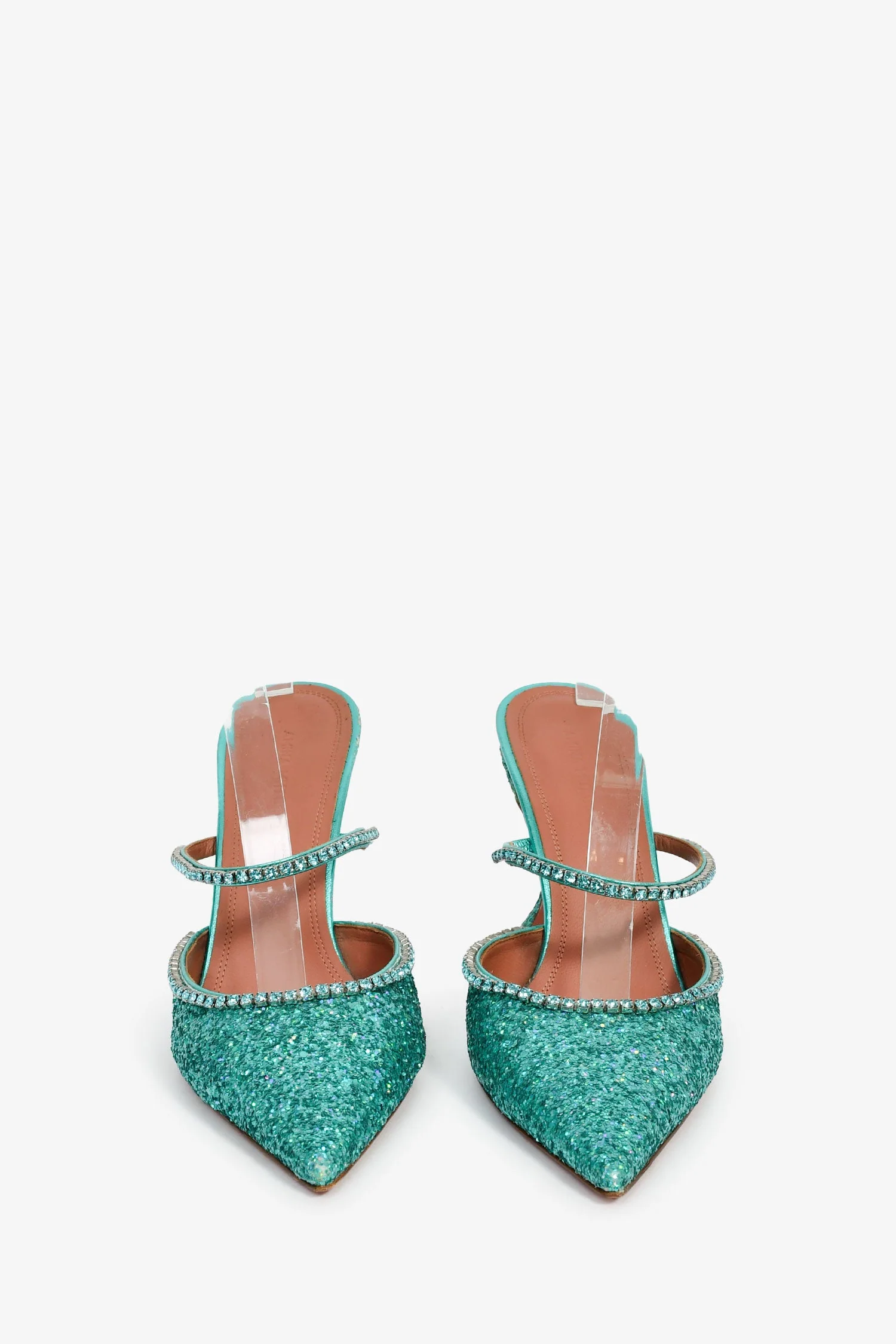 Amina Muaddi Turquoise Gilda 95 Mules Glitter Heels Size 38.5 - Image 3