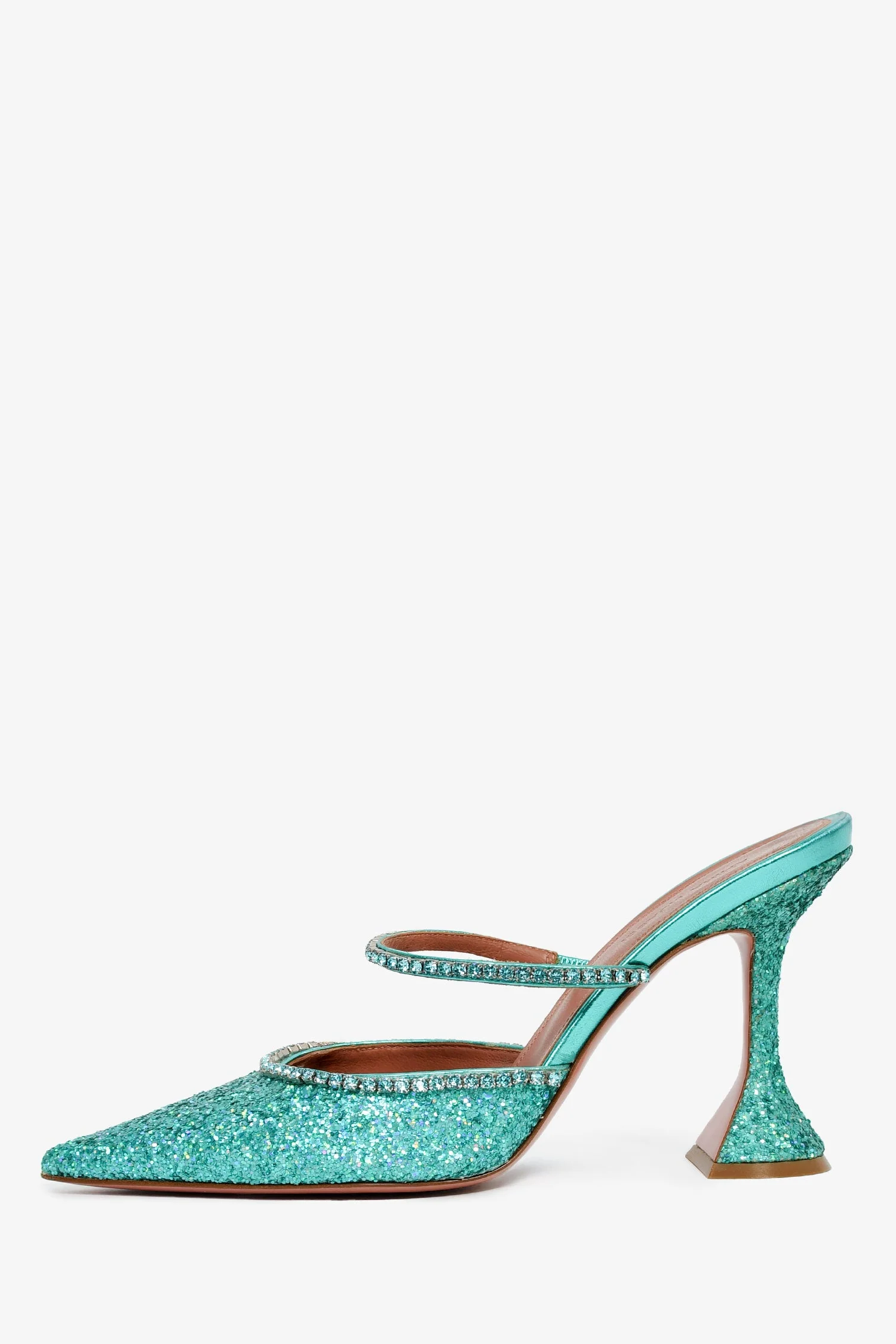Amina Muaddi Turquoise Gilda 95 Mules Glitter Heels Size 38.5 - Image 4
