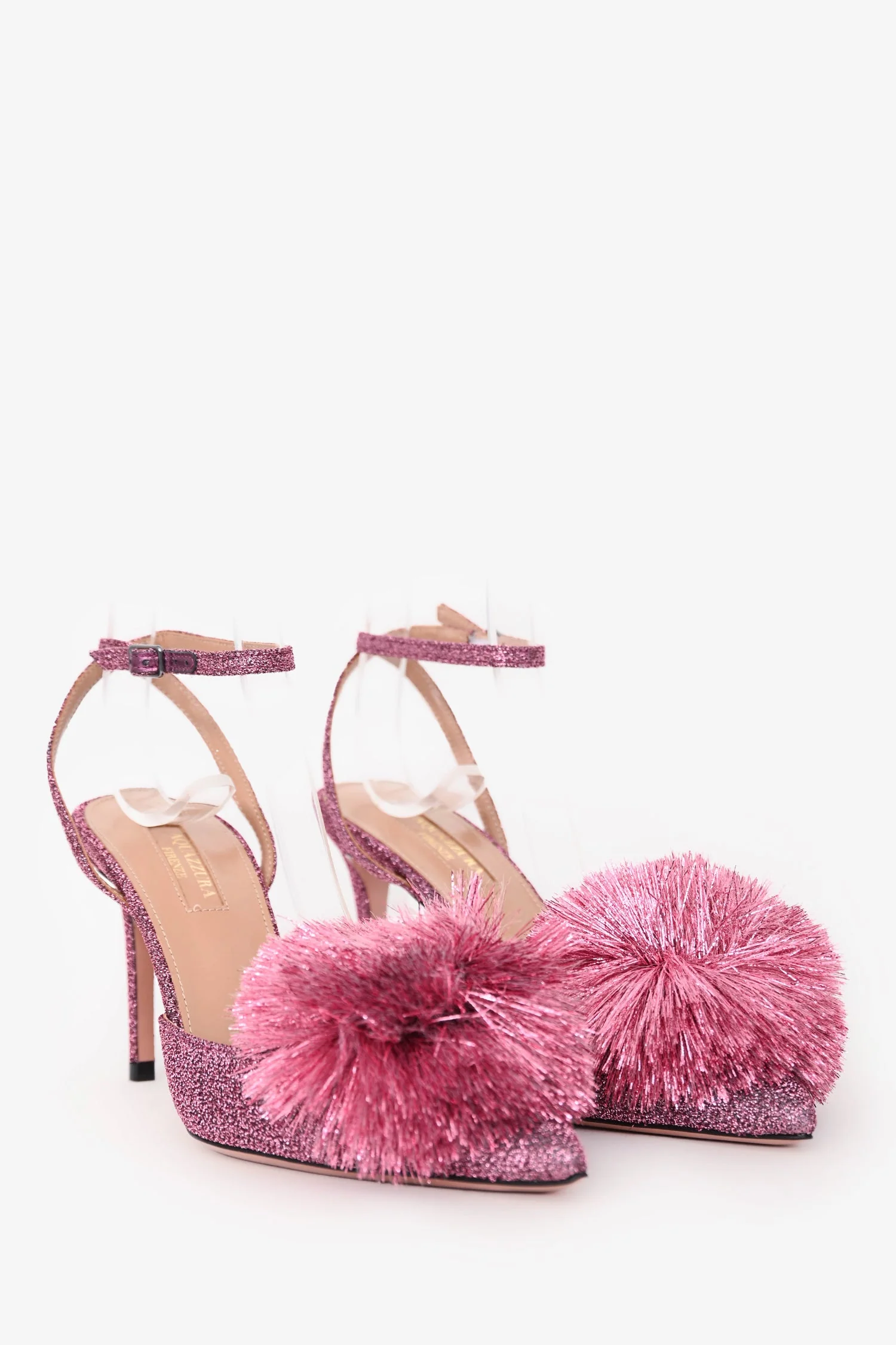 Aquazurra Pink Glittered Pom Pom Slingback Heels Size 37 - Image 2