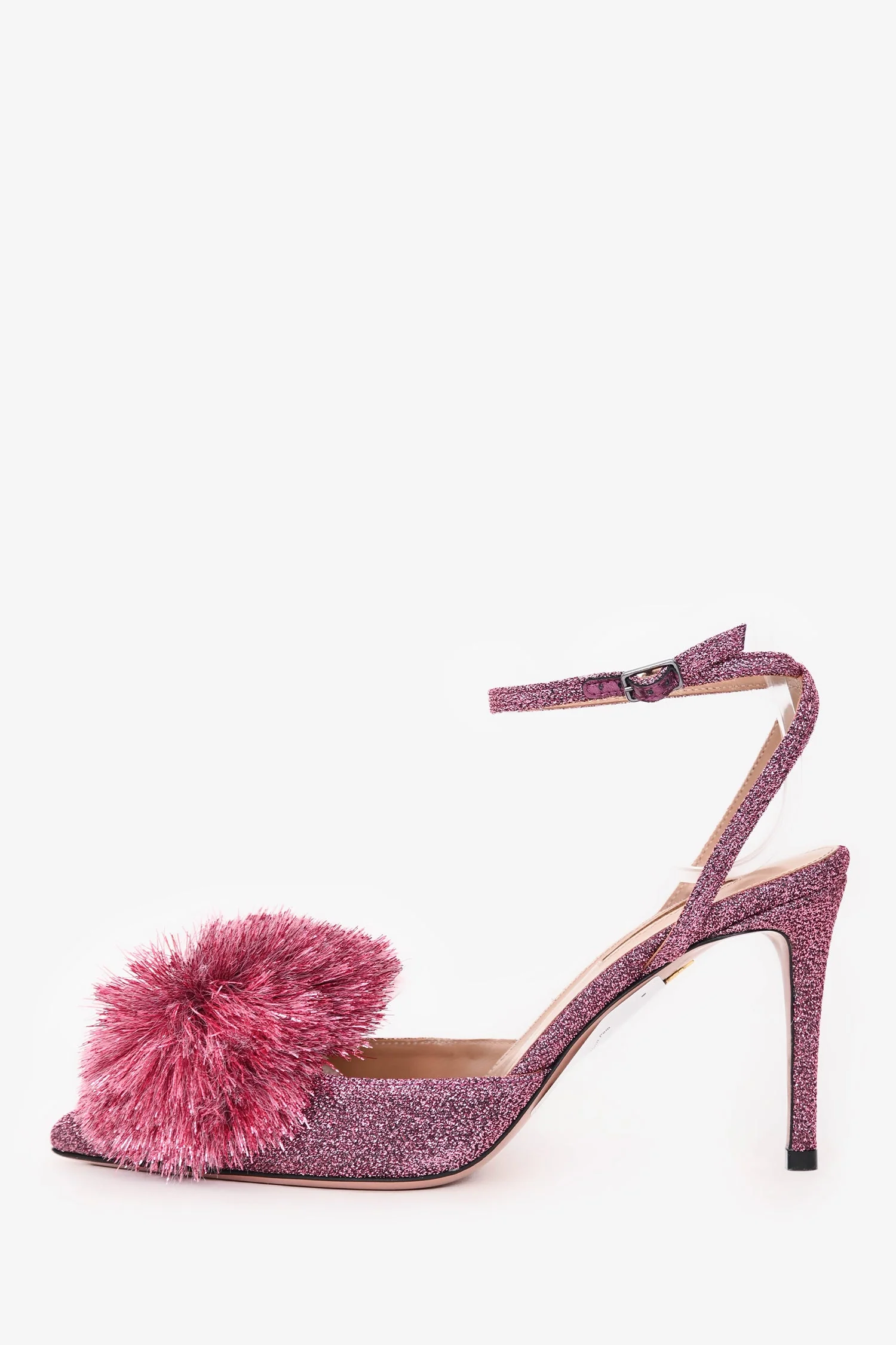 Aquazurra Pink Glittered Pom Pom Slingback Heels Size 37 - Image 4