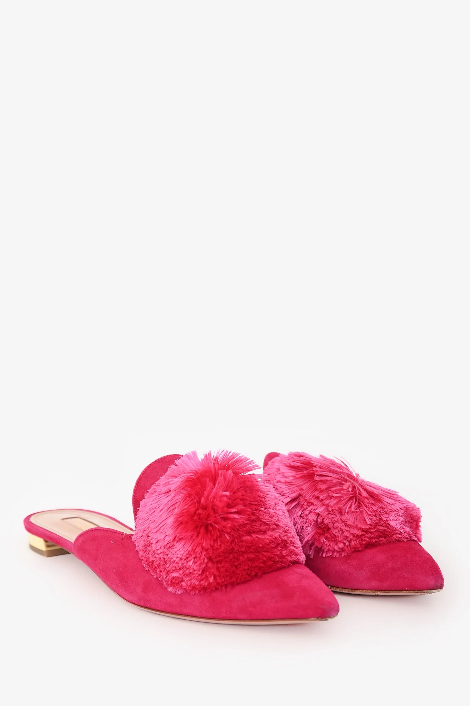Aquazurra Pink Suede Leather Pom Pom Mules Size 38 - Image 2