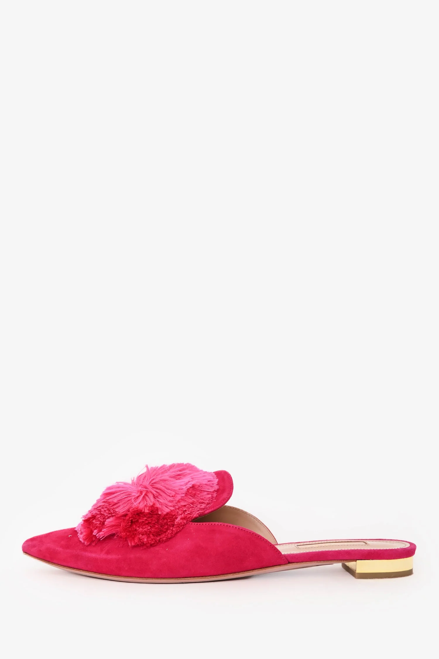 Aquazurra Pink Suede Leather Pom Pom Mules Size 38 - Image 4
