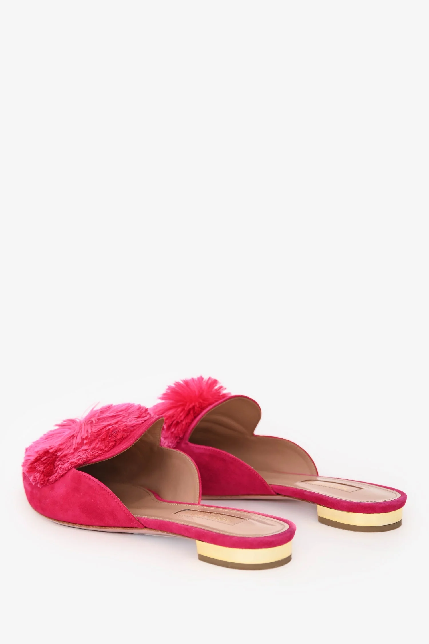 Aquazurra Pink Suede Leather Pom Pom Mules Size 38 - Image 5