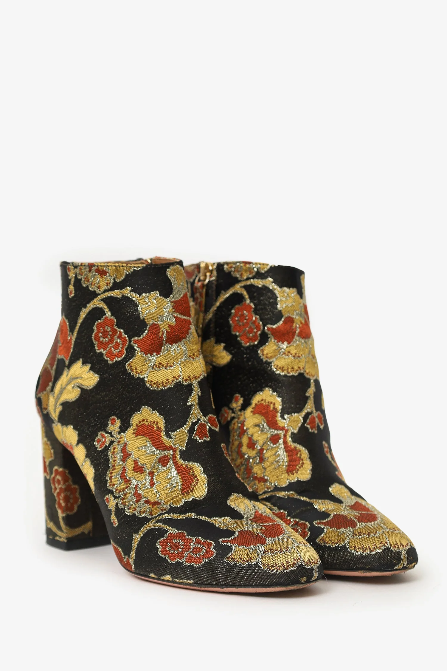 Aquazzura Black/Gold Satin Floral Ankle Boots Size 38 - Image 2