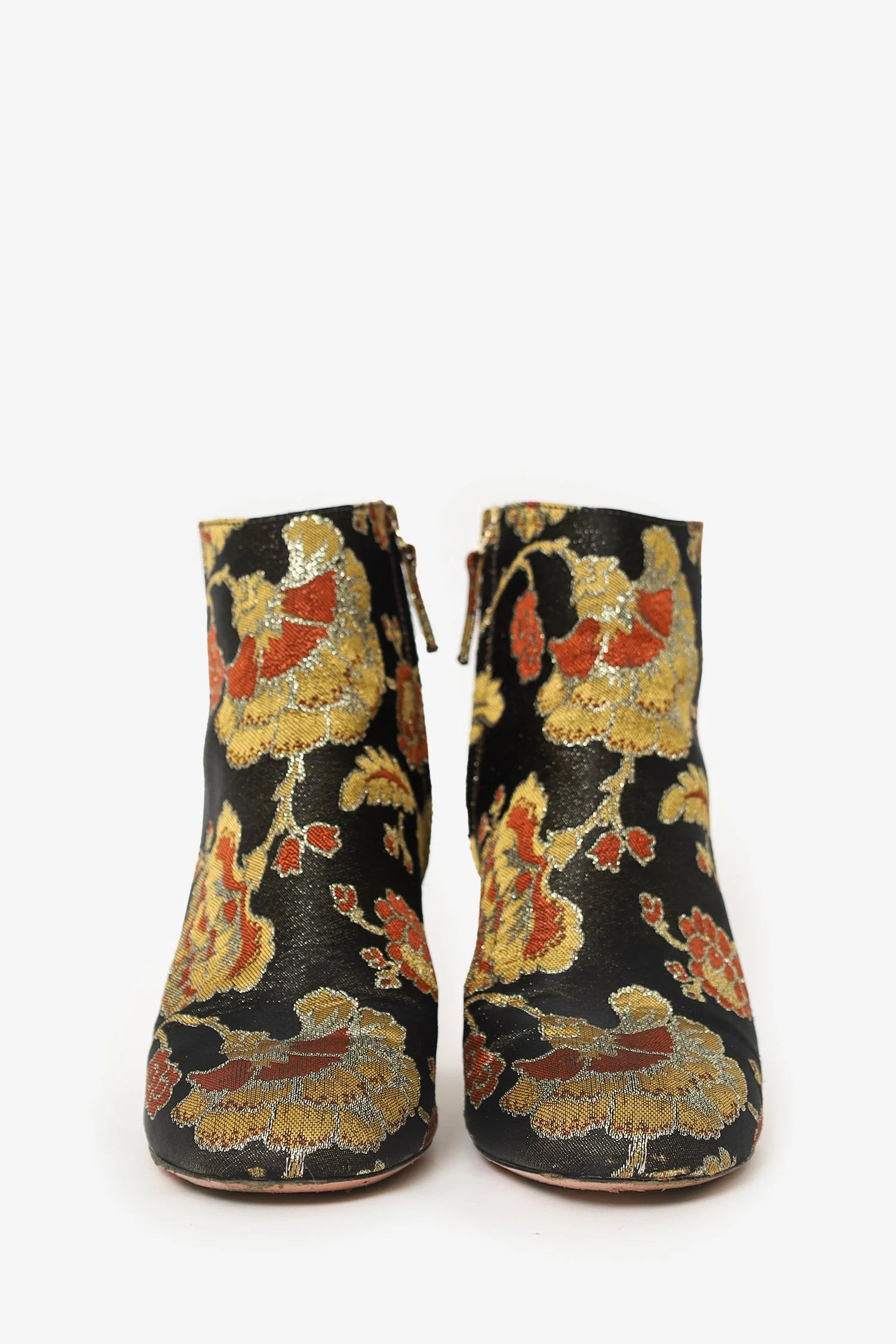 Aquazzura Black/Gold Satin Floral Ankle Boots Size 38 - Image 3