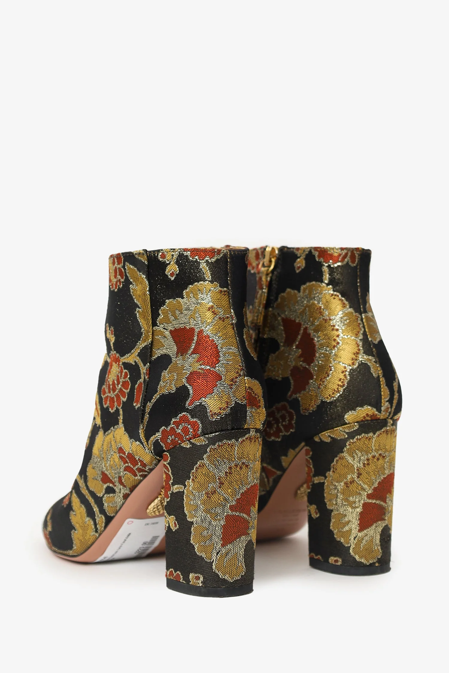 Aquazzura Black/Gold Satin Floral Ankle Boots Size 38 - Image 4