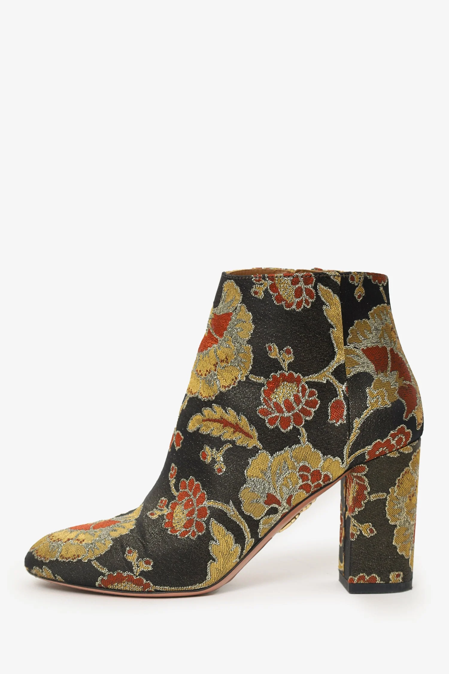Aquazzura Black/Gold Satin Floral Ankle Boots Size 38 - Image 5