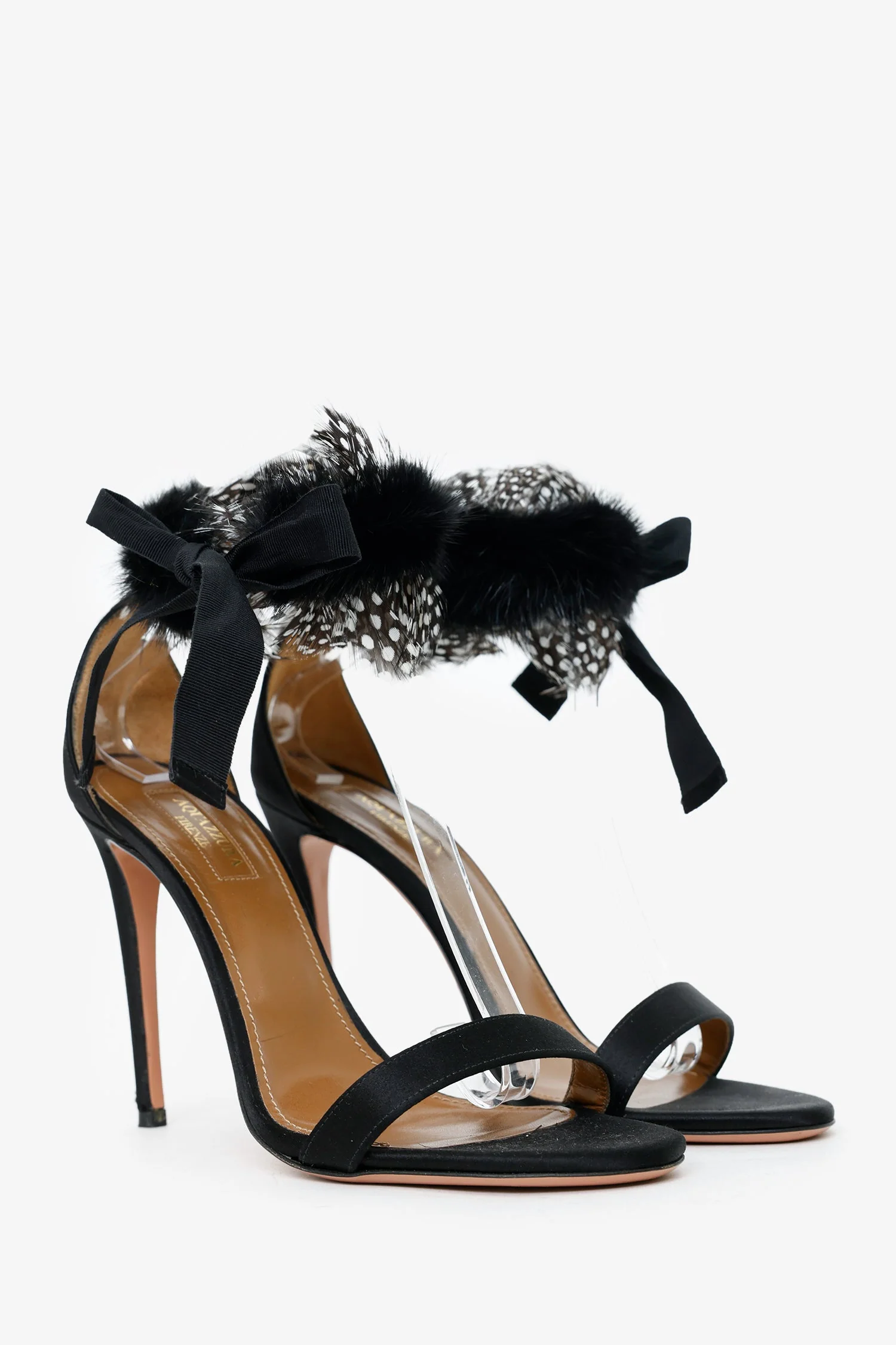 Aquazzura Black Silk With Feather Detail Open Toe Heels Size 38 - Image 2