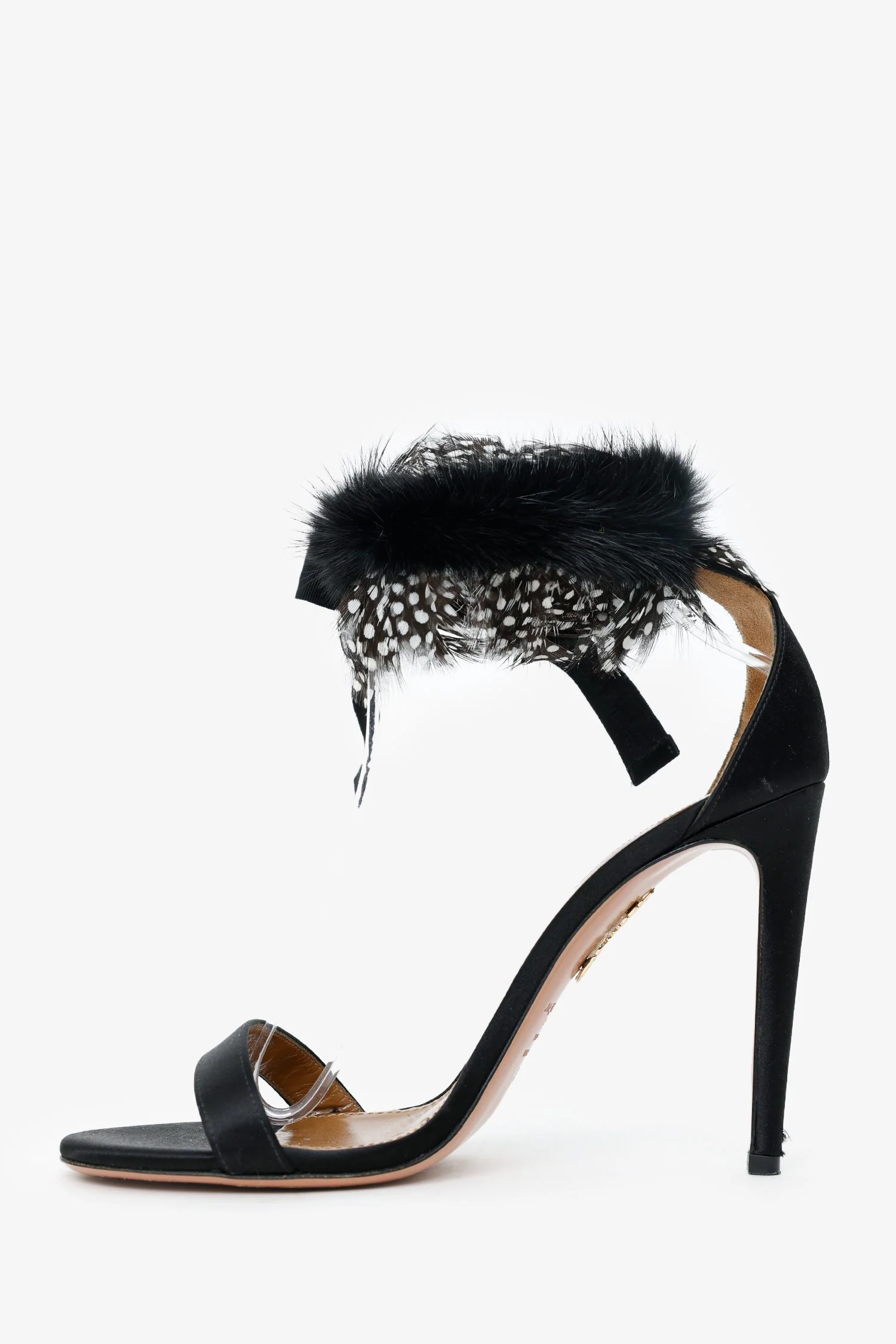 Aquazzura Black Silk With Feather Detail Open Toe Heels Size 38 - Image 4