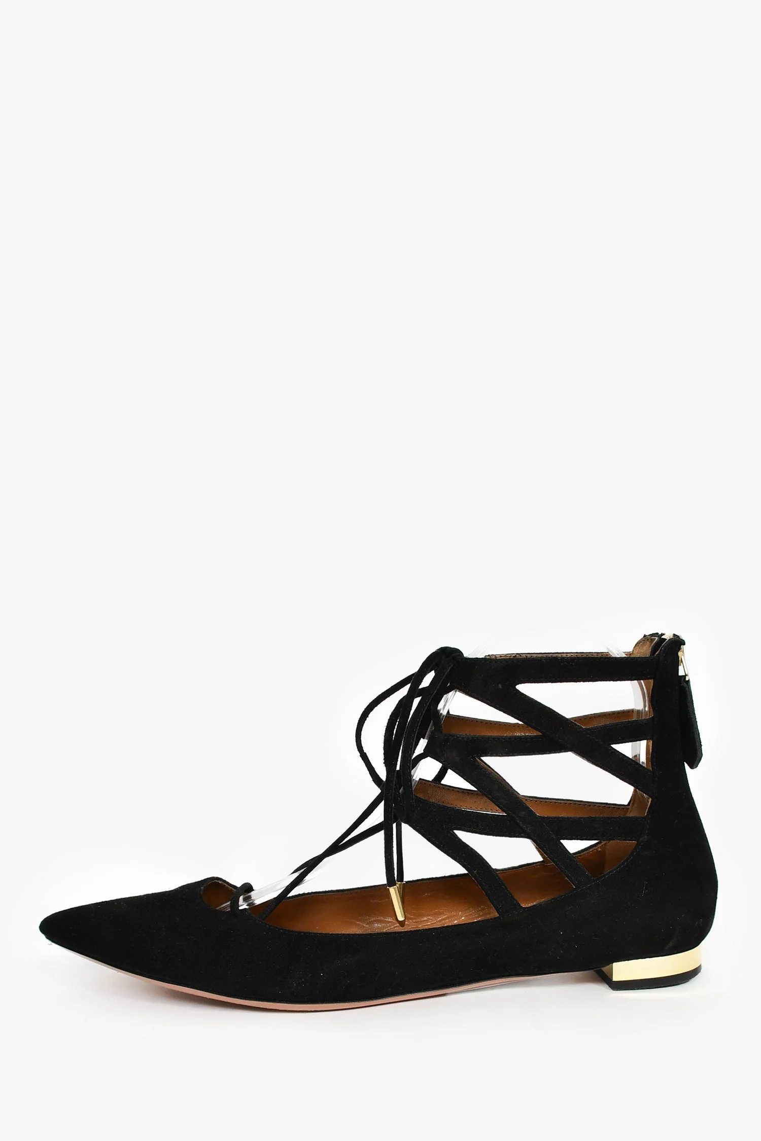 Aquazzura Black Suede Pointed Tie Up Flats Size 39 - Image 4