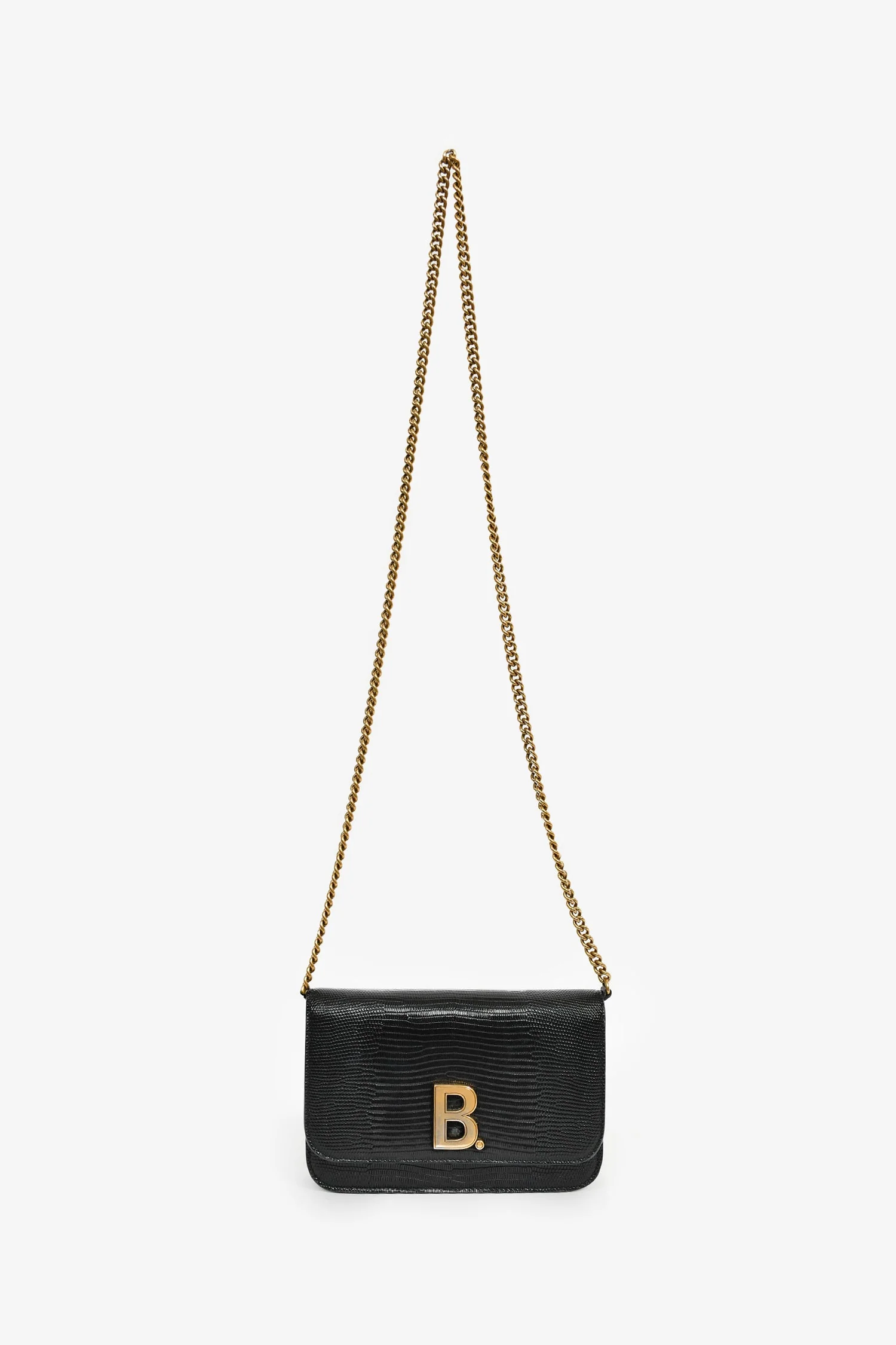 Balenciaga Black Lizard Embossed B. Logo Wallet On Chain Crossbody - Image 7