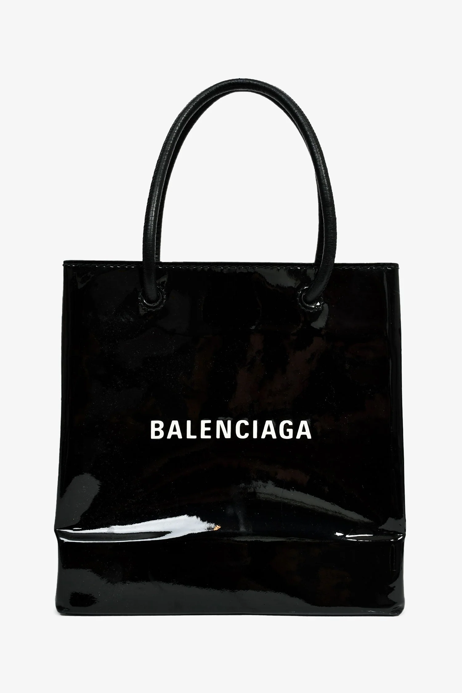 Balenciaga Black Patent Logo XXS Shopping Tote Bag With Strap
