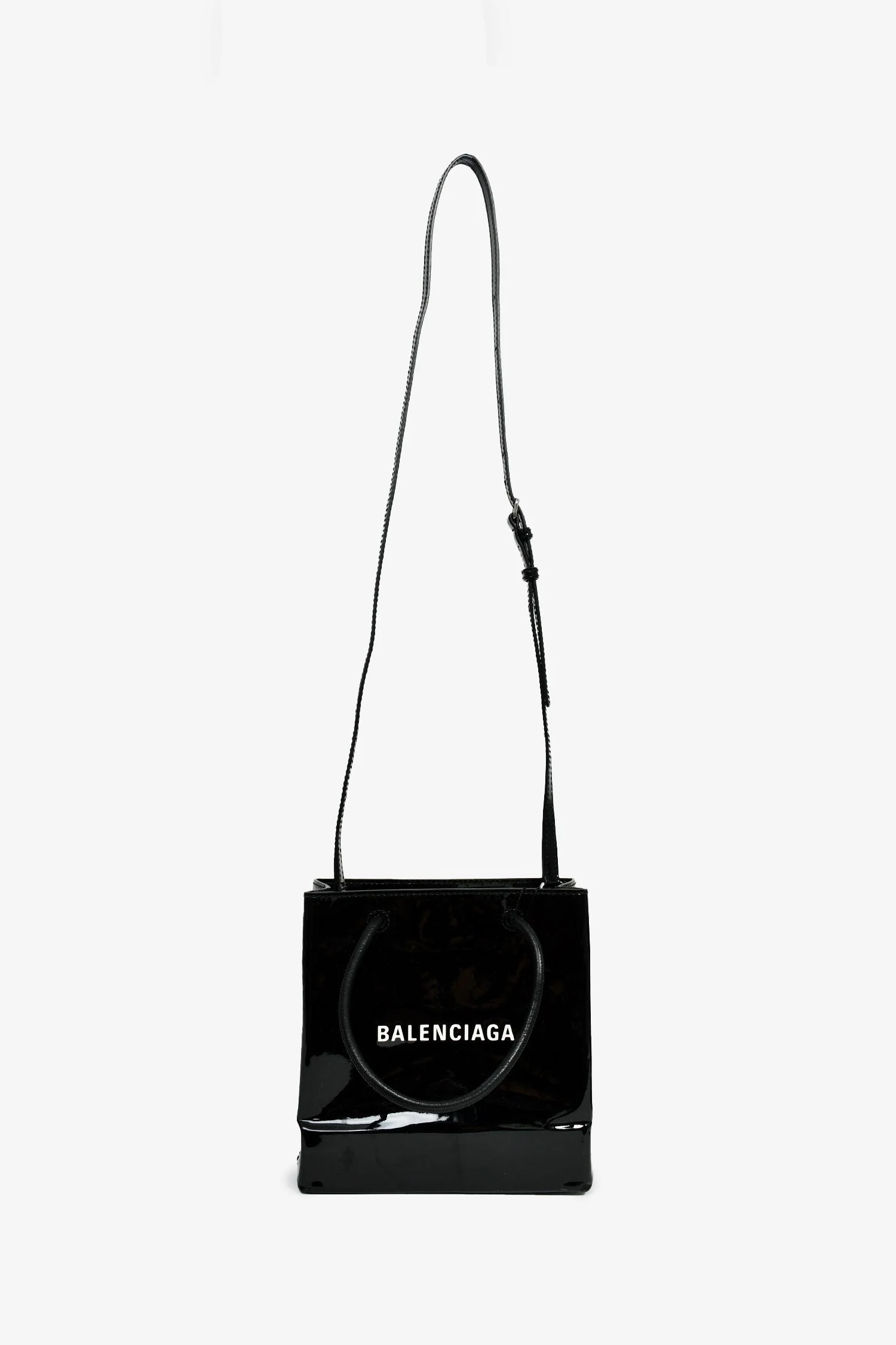 Balenciaga Black Patent Logo XXS Shopping Tote Bag With Strap - Image 7