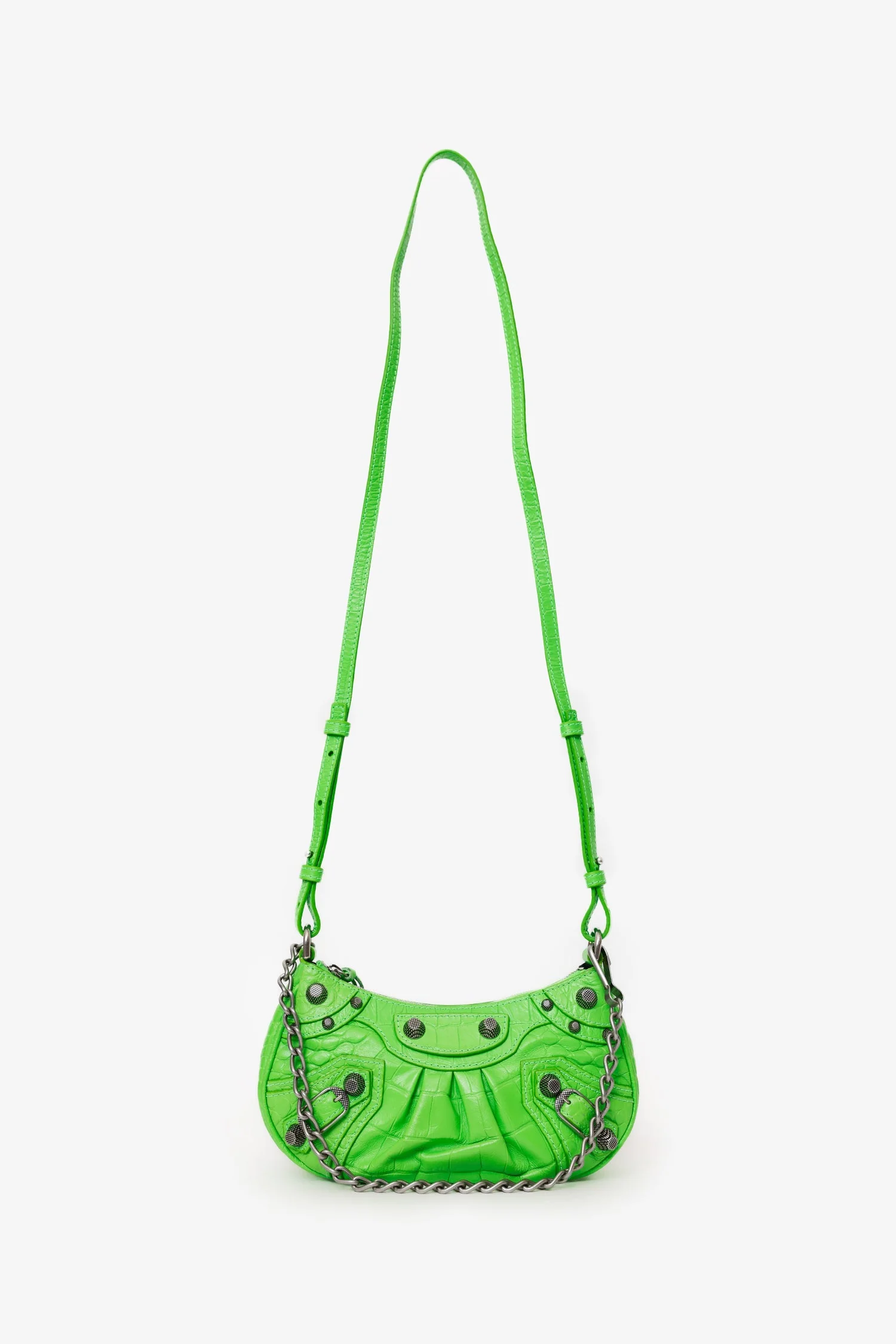 Balenciaga Neon Green Croc Embossed Leather Mini Le Cagole Crossbody Bag With Chain - Image 7
