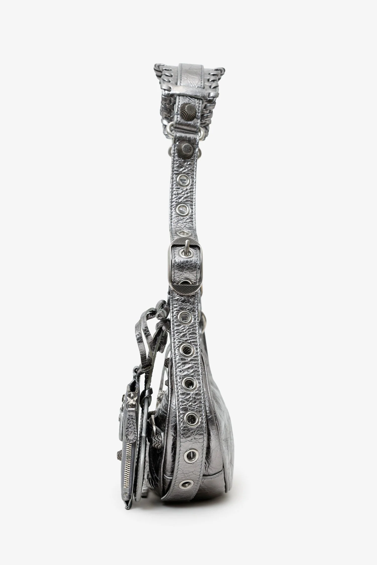 Balenciaga Silver Metallic Leather Studded 'Cagole' Shoulder Bag - Image 4