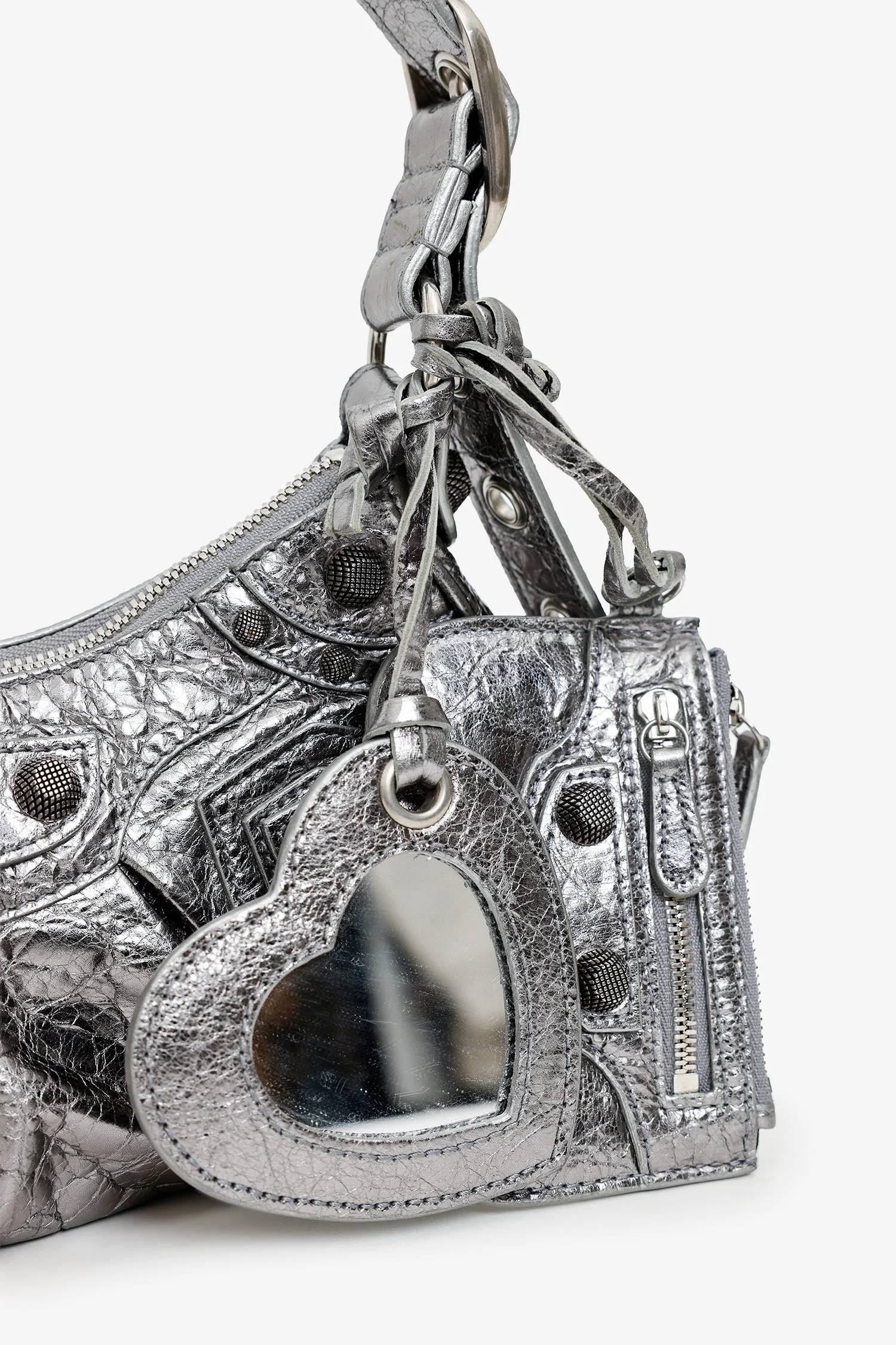 Balenciaga Silver Metallic Leather Studded 'Cagole' Shoulder Bag - Image 5