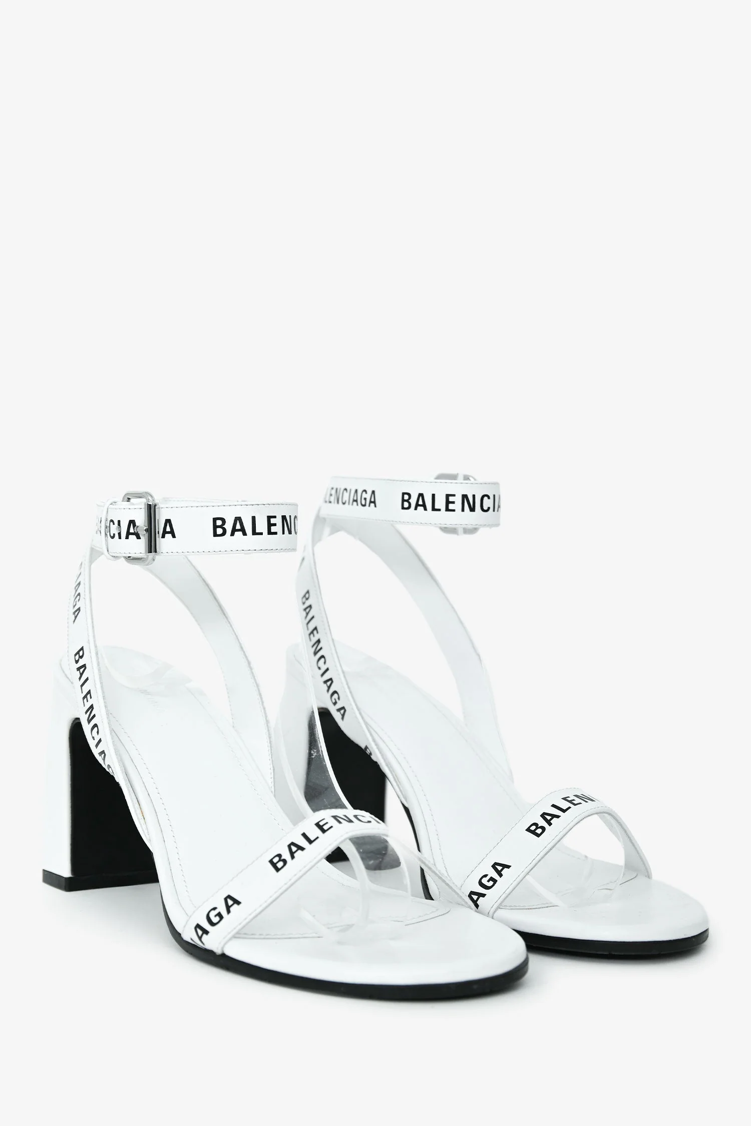 Balenciaga White Leather Logo Ankle Strap Heeled Sandals Size 39 - Image 2