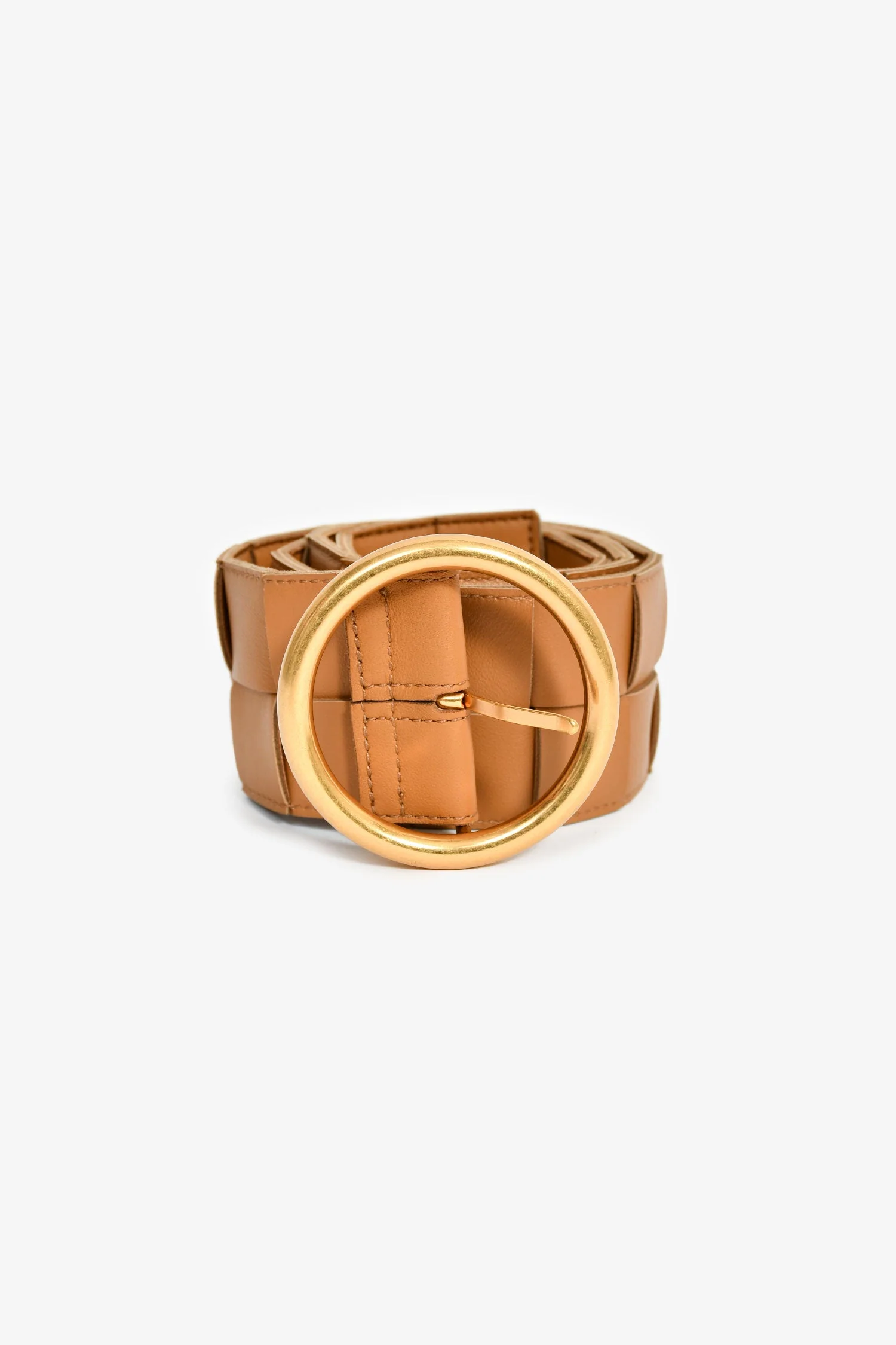 Bottega Veneta Camel Maxi Intrecciato Leather Round Buckle Belt Size 80