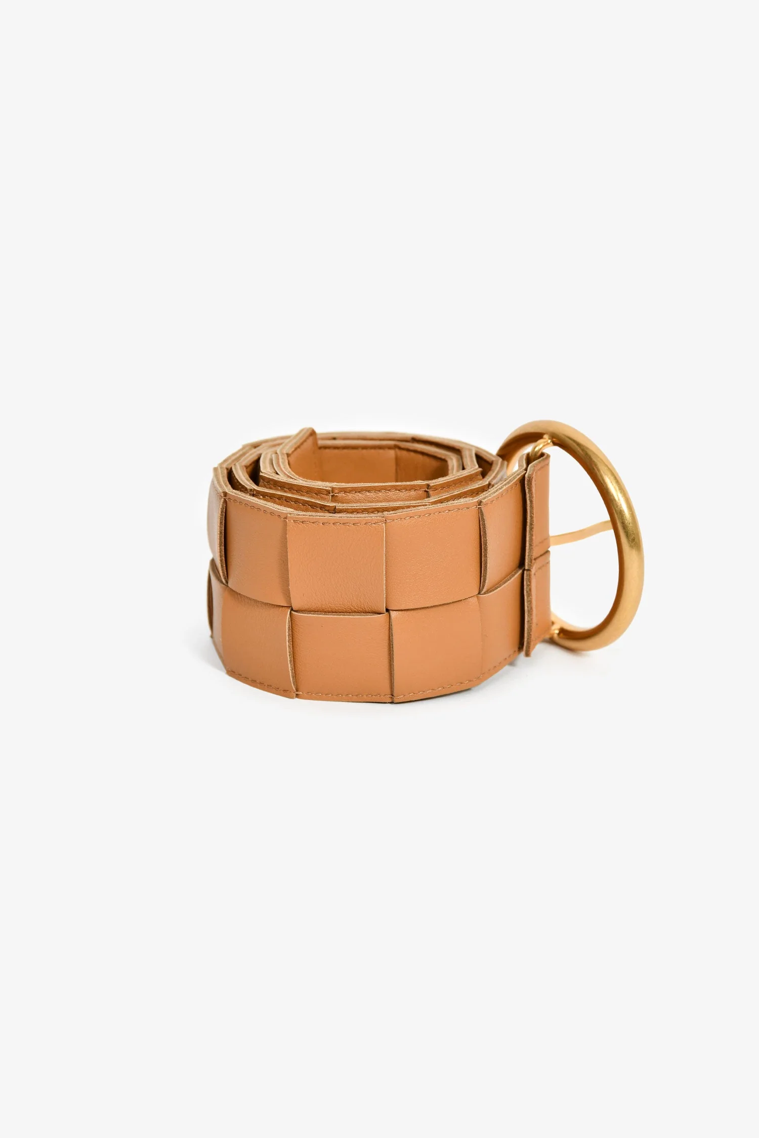 Bottega Veneta Camel Maxi Intrecciato Leather Round Buckle Belt Size 80 - Image 2