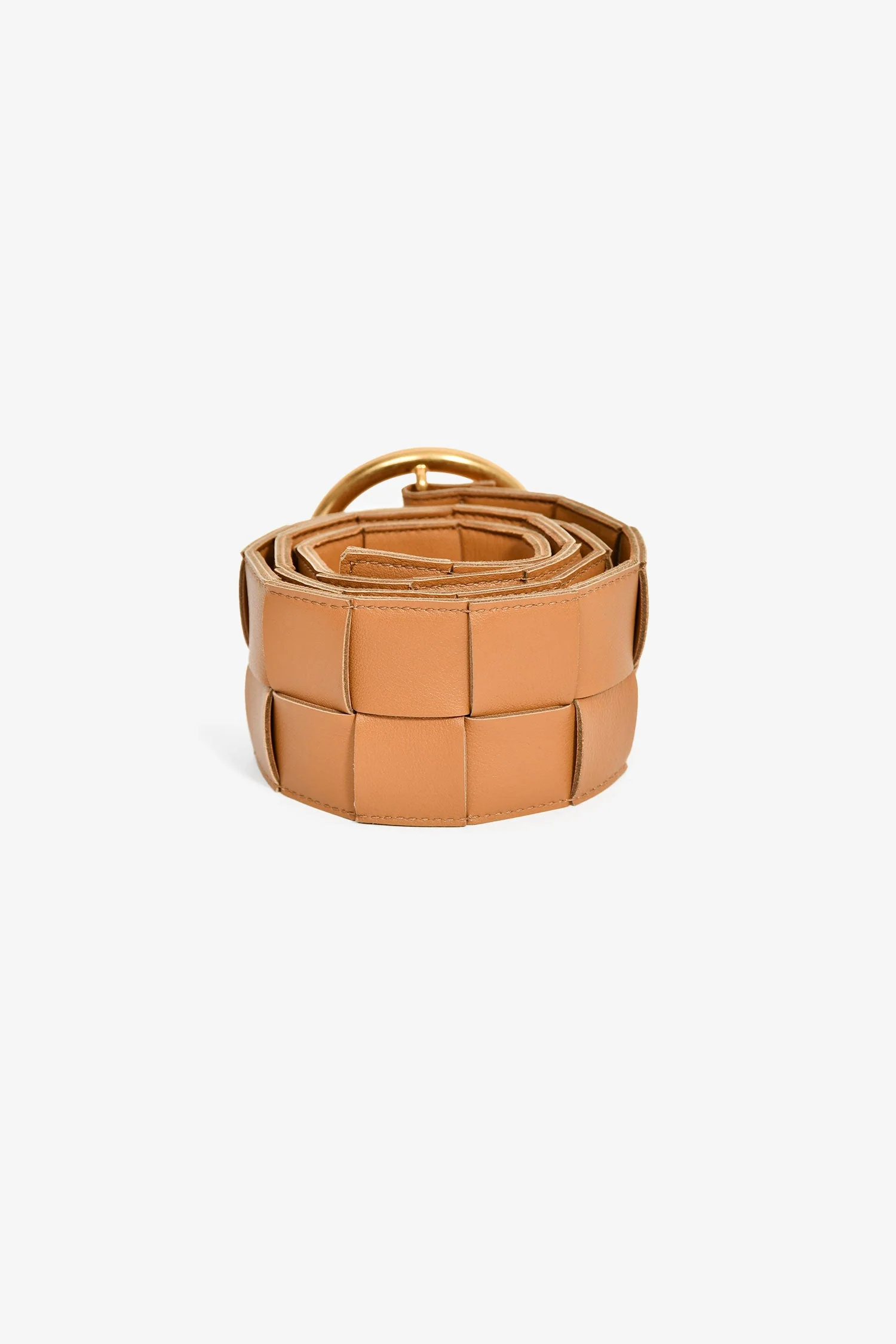 Bottega Veneta Camel Maxi Intrecciato Leather Round Buckle Belt Size 80 - Image 3