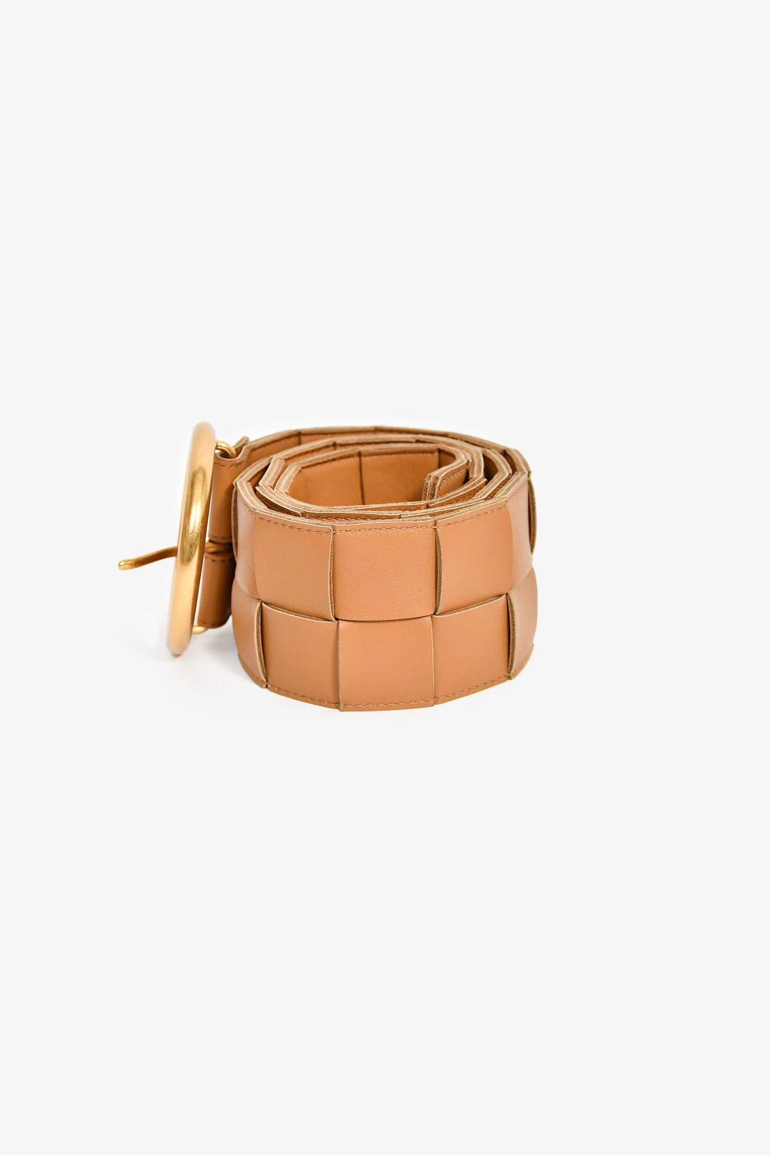 Bottega Veneta Camel Maxi Intrecciato Leather Round Buckle Belt Size 80 - Image 4
