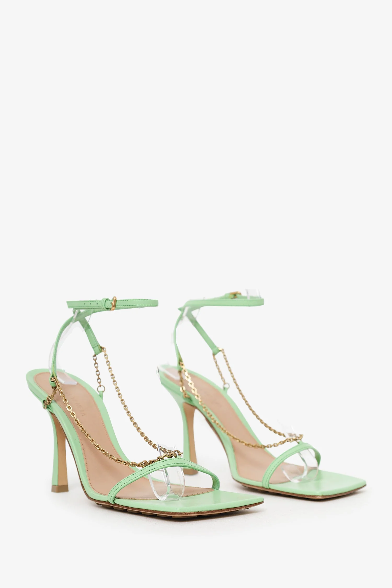 Bottega Veneta Green Leather Chain Strap Stretch Heels Size 37 - Image 2