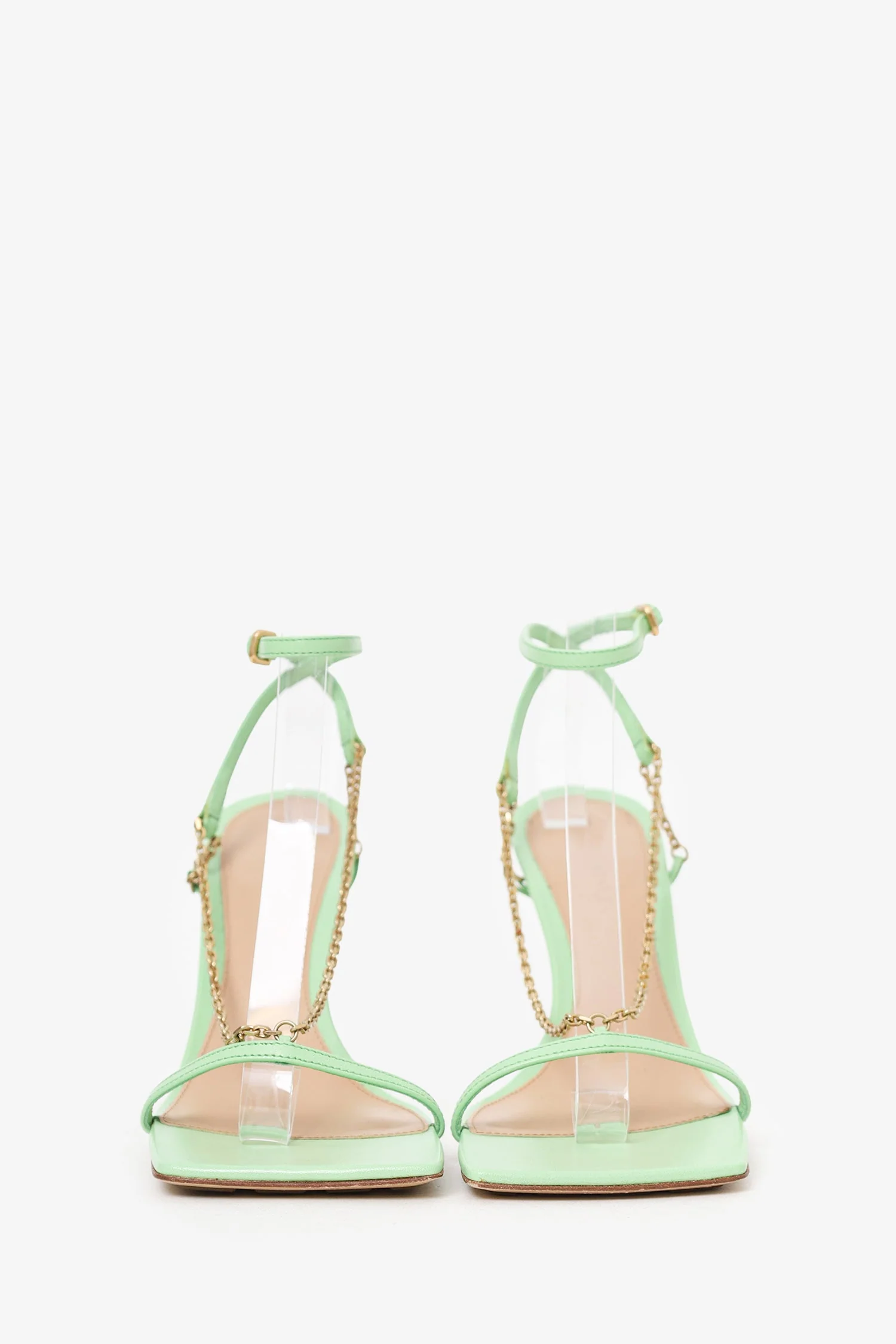 Bottega Veneta Green Leather Chain Strap Stretch Heels Size 37 - Image 3