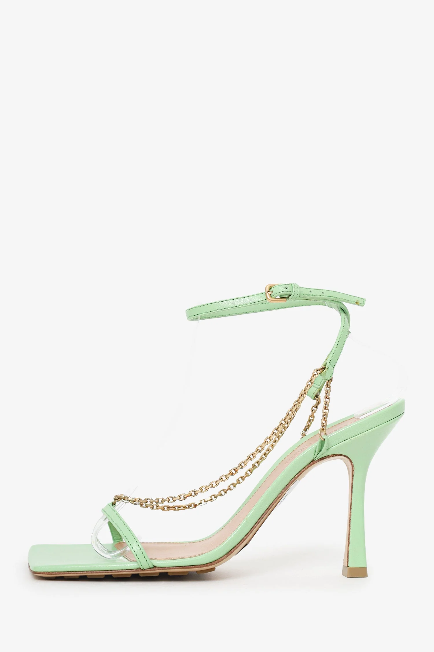 Bottega Veneta Green Leather Chain Strap Stretch Heels Size 37 - Image 4