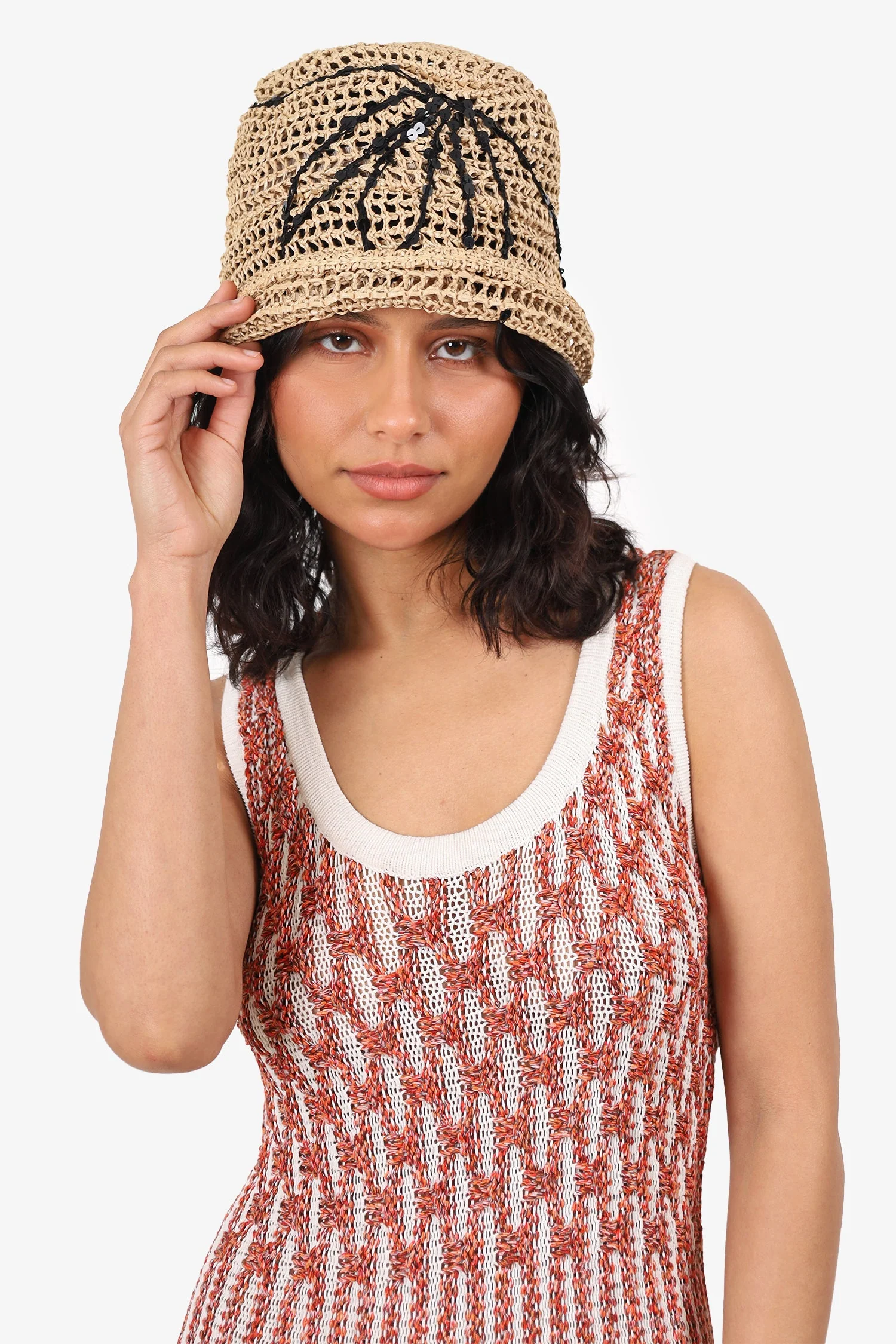 Brunello Cucinelli Beige Raffia Sequin Bucket Hat Size M