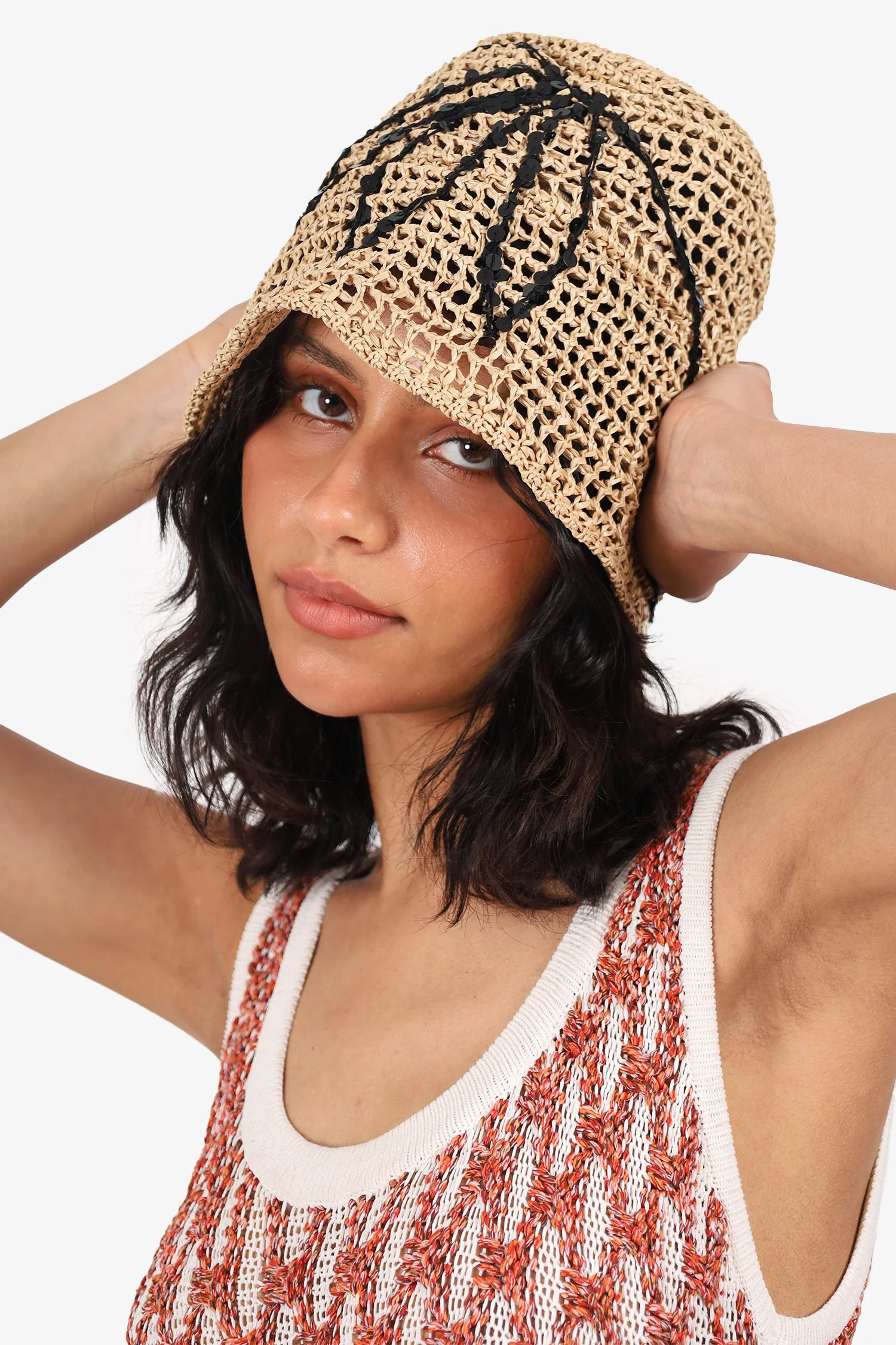 Brunello Cucinelli Beige Raffia Sequin Bucket Hat Size M - Image 3