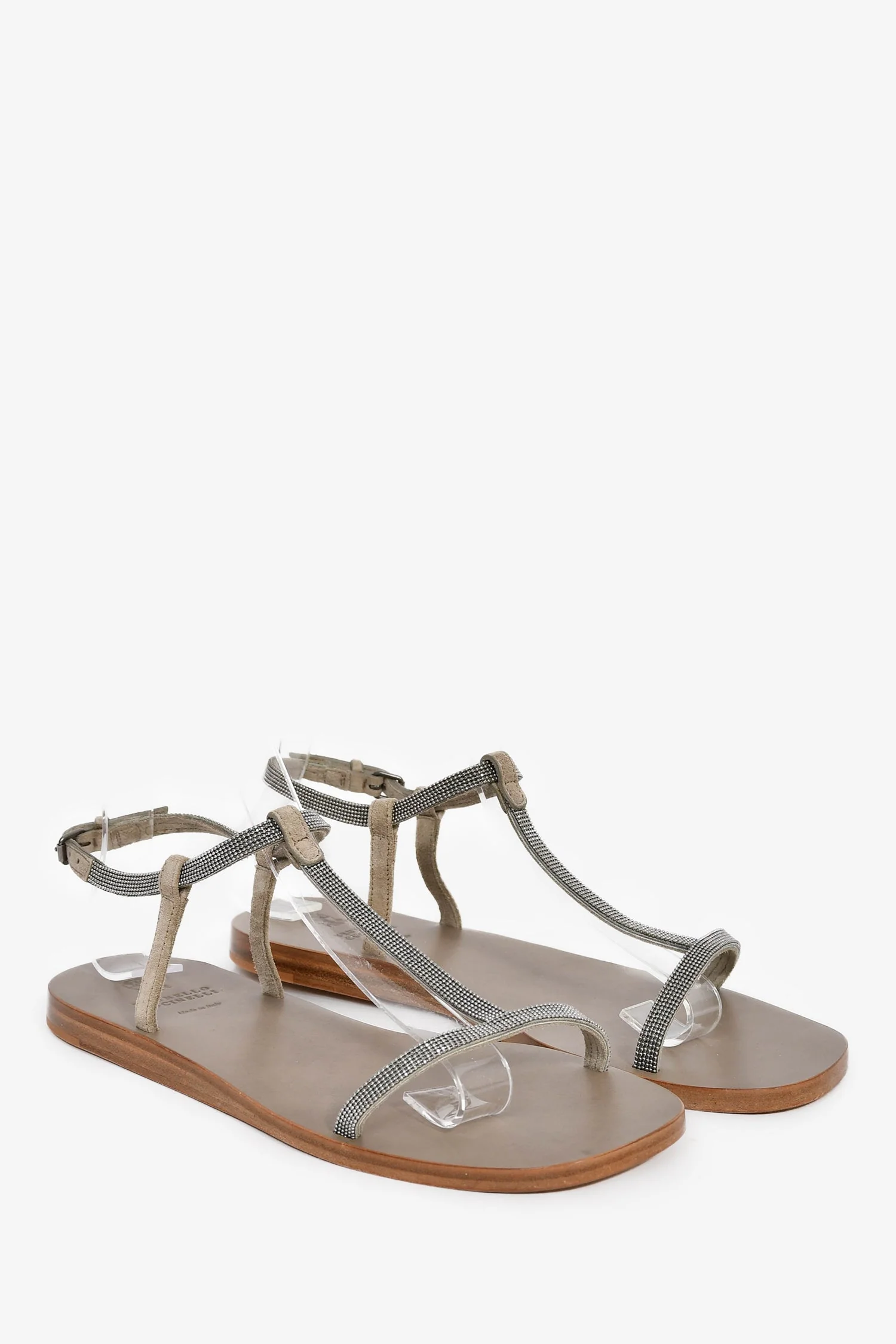 Brunello Cucinelli Brown Beaded T Strap Sandals Size 36 - Image 2