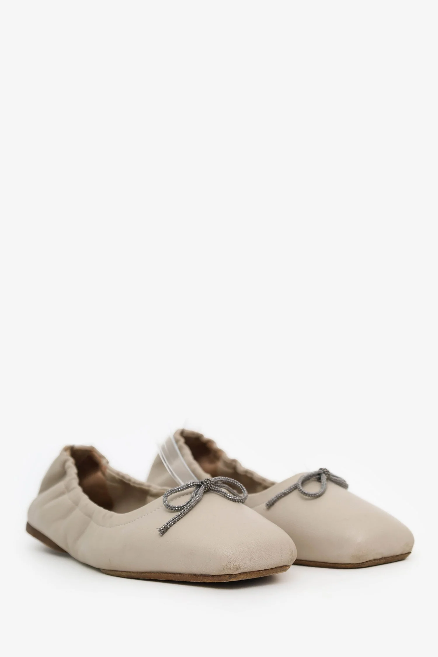 Brunello Cucinelli Cream Leather Beaded Bow Flats Size 39 - Image 2