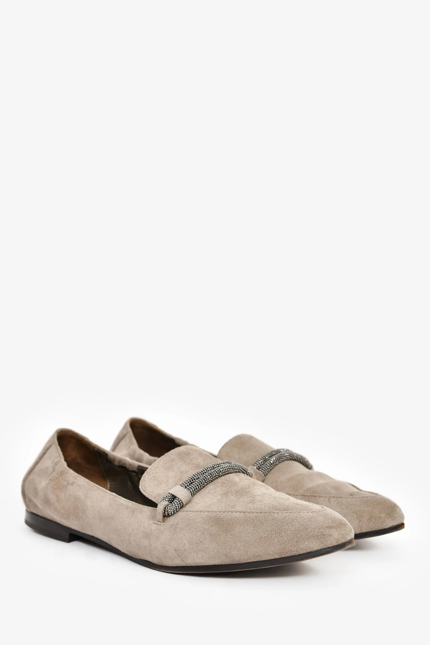 Brunello Cucinelli Taupe Suede Pointed Toe Flats with Beaded Detail Size 38.5 - Image 2