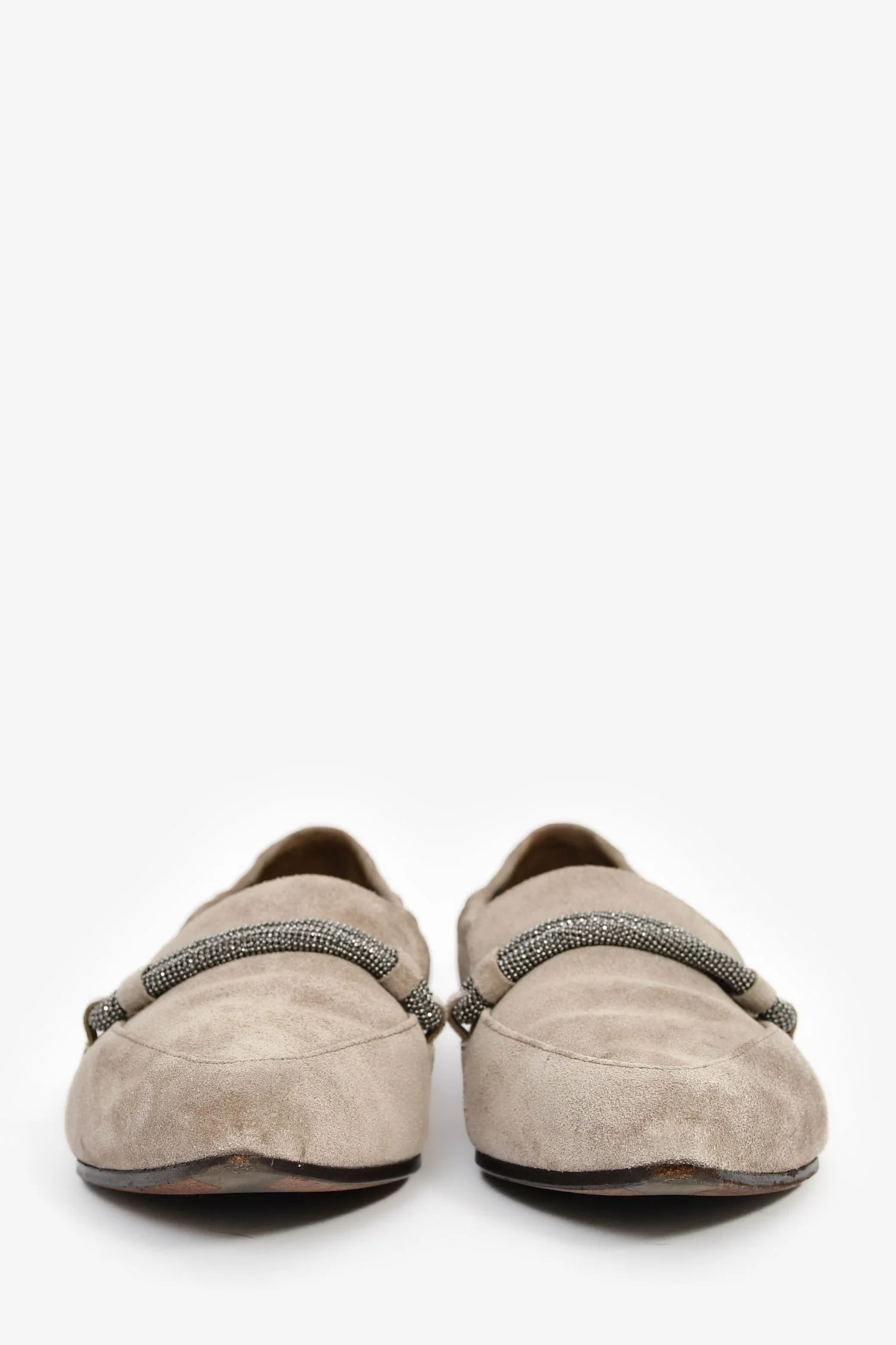 Brunello Cucinelli Taupe Suede Pointed Toe Flats with Beaded Detail Size 38.5 - Image 3