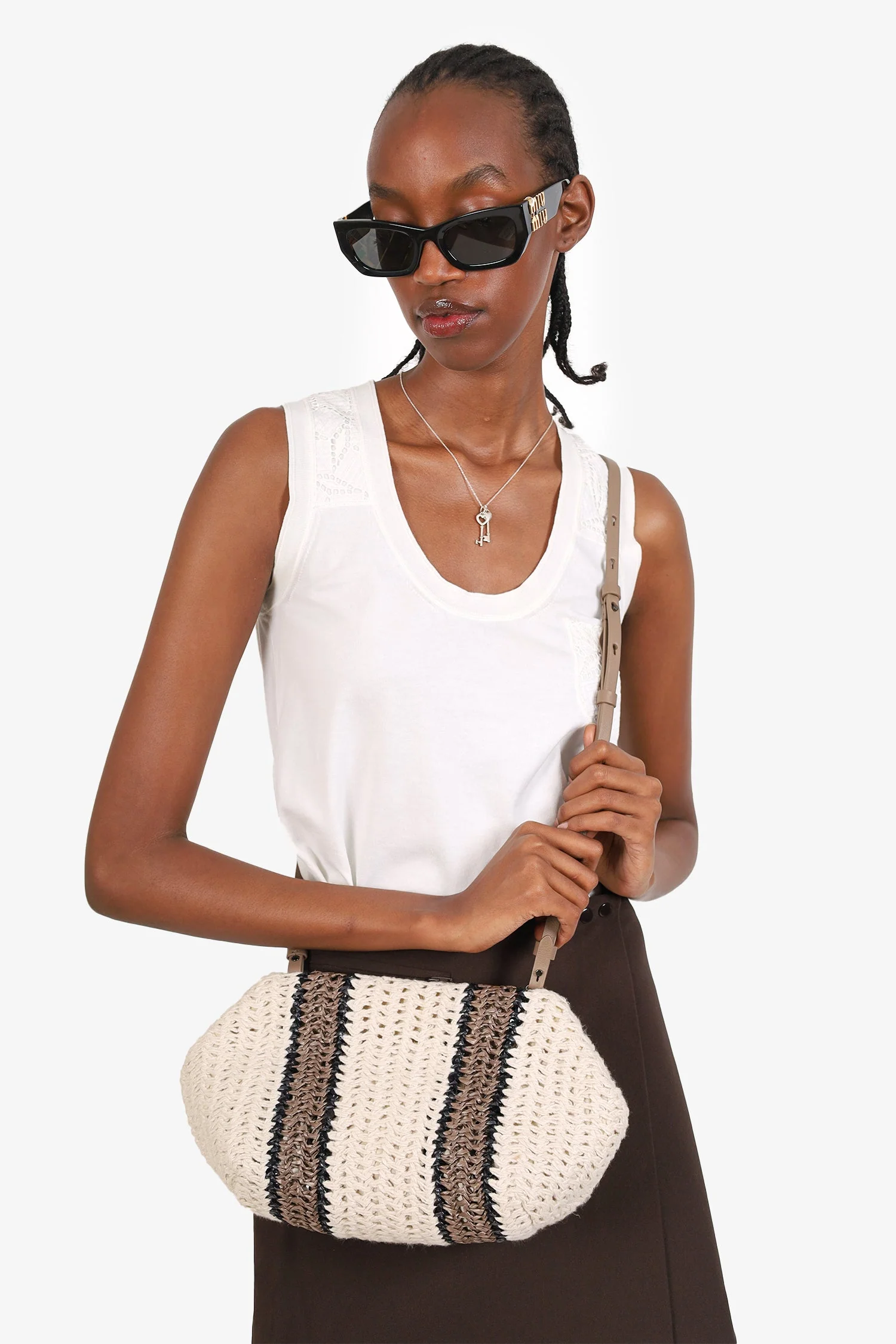 Brunello Cucinelli White/Brown/Black Small Crochet Regimental Straw Effect Pouch with Strap - Image 10