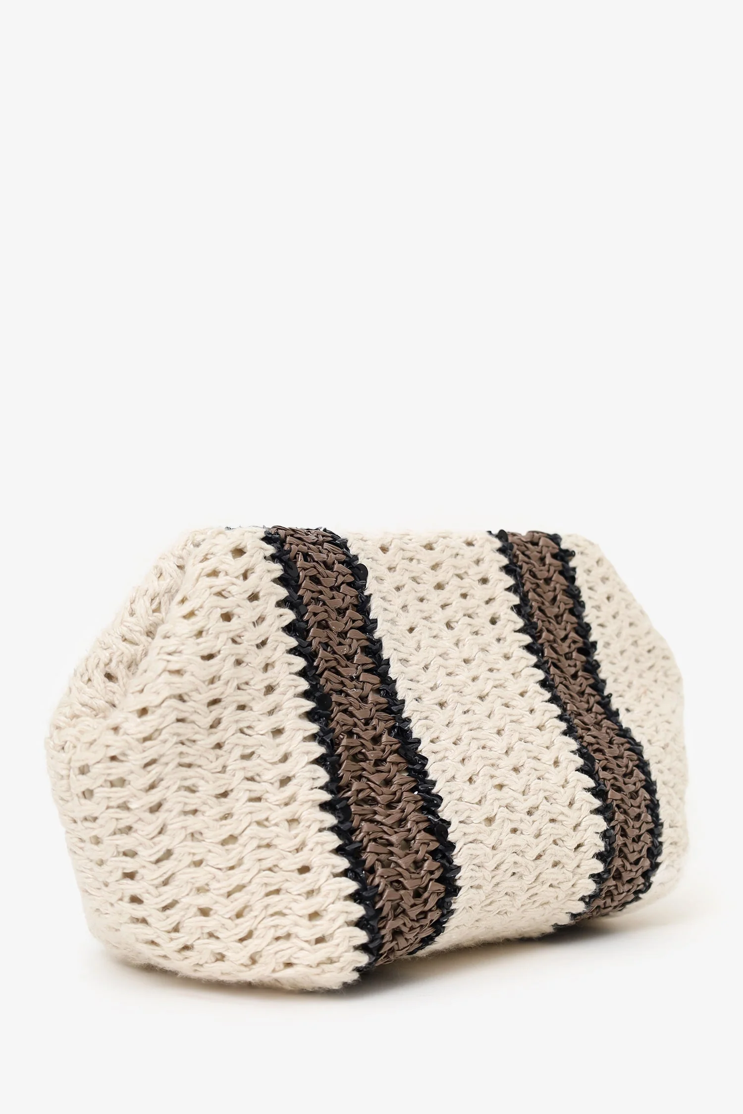 Brunello Cucinelli White/Brown/Black Small Crochet Regimental Straw Effect Pouch with Strap - Image 3