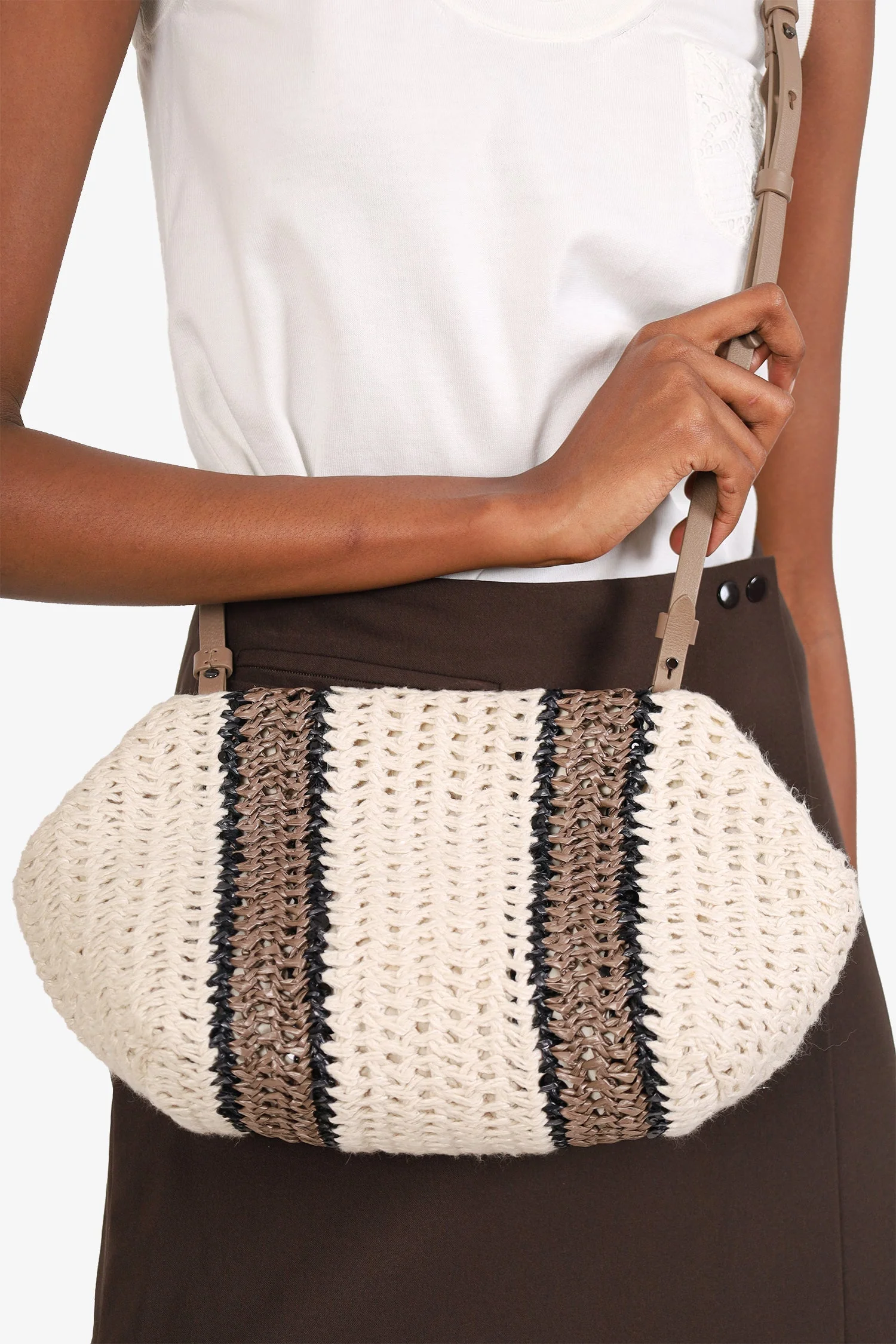Brunello Cucinelli White/Brown/Black Small Crochet Regimental Straw Effect Pouch with Strap - Image 9