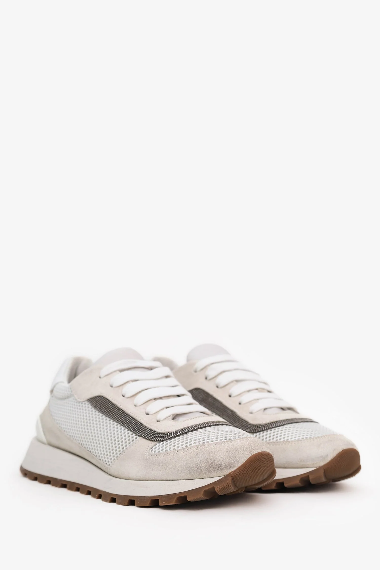 Brunello Cucinelli White Mesh/Suede Beaded Trim Sneakers Size 37 - Image 2