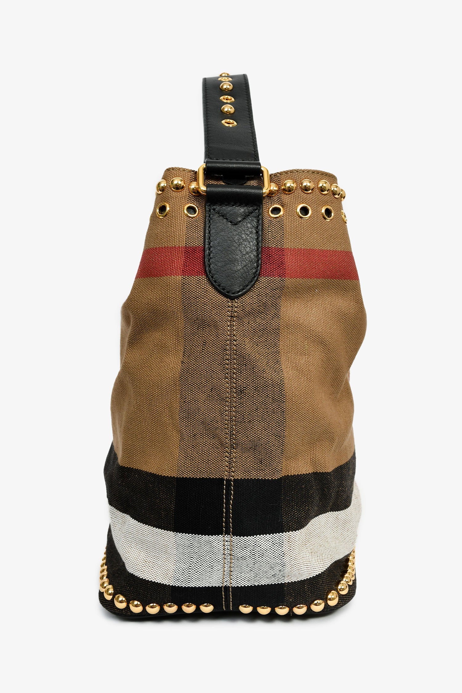 Burberry Brown/Black Linen/Leather Novacheck Studded Hobo Bag - Image 3